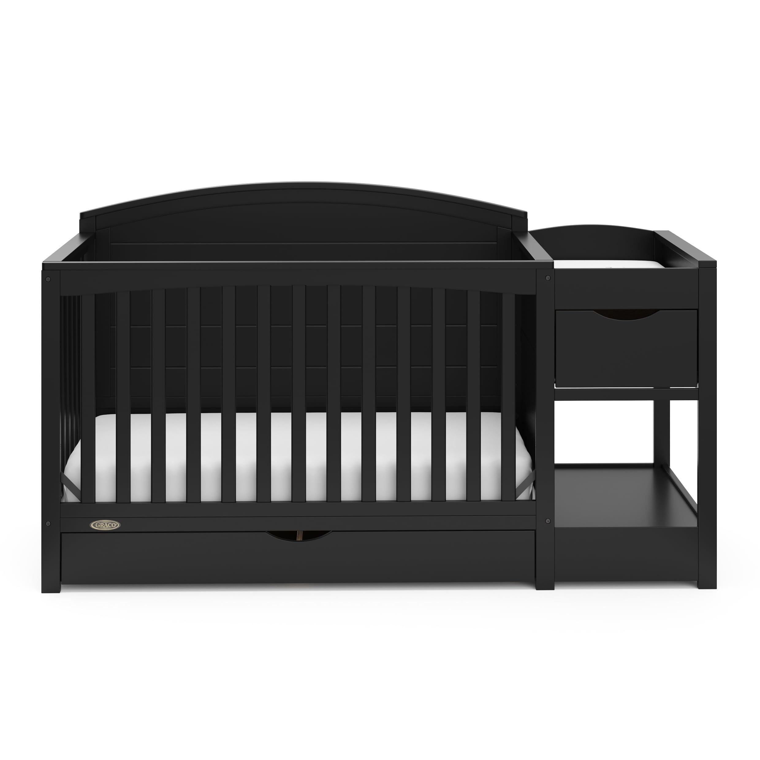 STORK CRAFT Graco Bellwood 5-in-1 Convertible Crib & Changer with Storage Drawer (Black) - GREENGUARD Gold Certified, Converts to Toddler Bed & Full Size Bed, Nursery Furniture for Baby & Kids Room, Perfect for Newborns to Teens