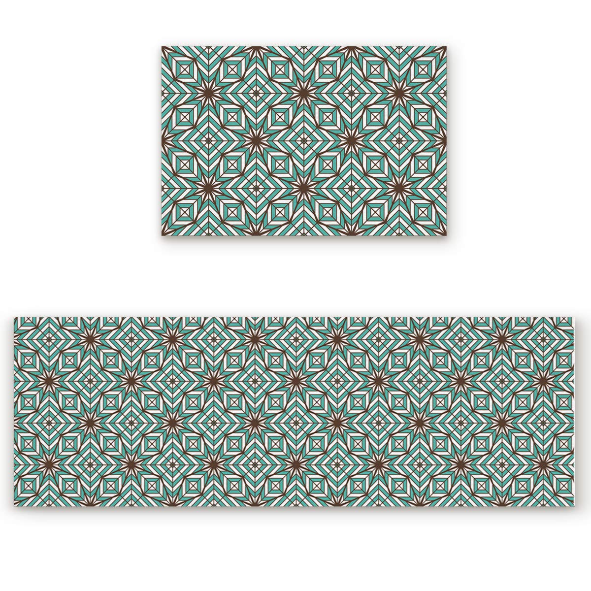 2-Piece Abstract Kitchen Rug Set 15.7x23.6 + 15.7x47.2 - Water Absorbent Durable Floor Mats with Vintage Geometric Design for Modern Kitchens - Perfect for High-Traffic Areas Near Sink & Stove