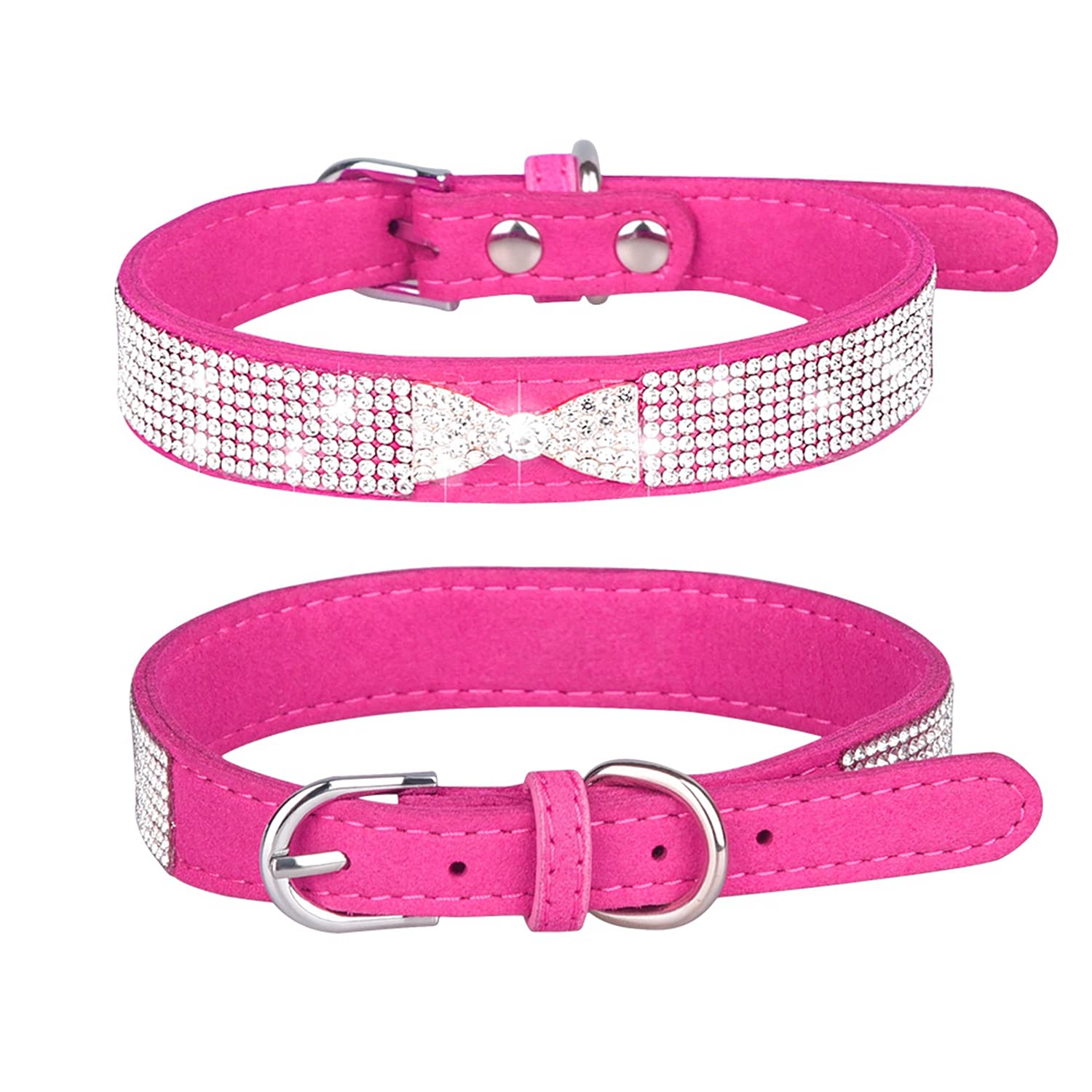 Sparkling Rhinestone Dog Collar - Soft Suede Leather Pet Necklace with Diamante for Small Dogs & Cats (15