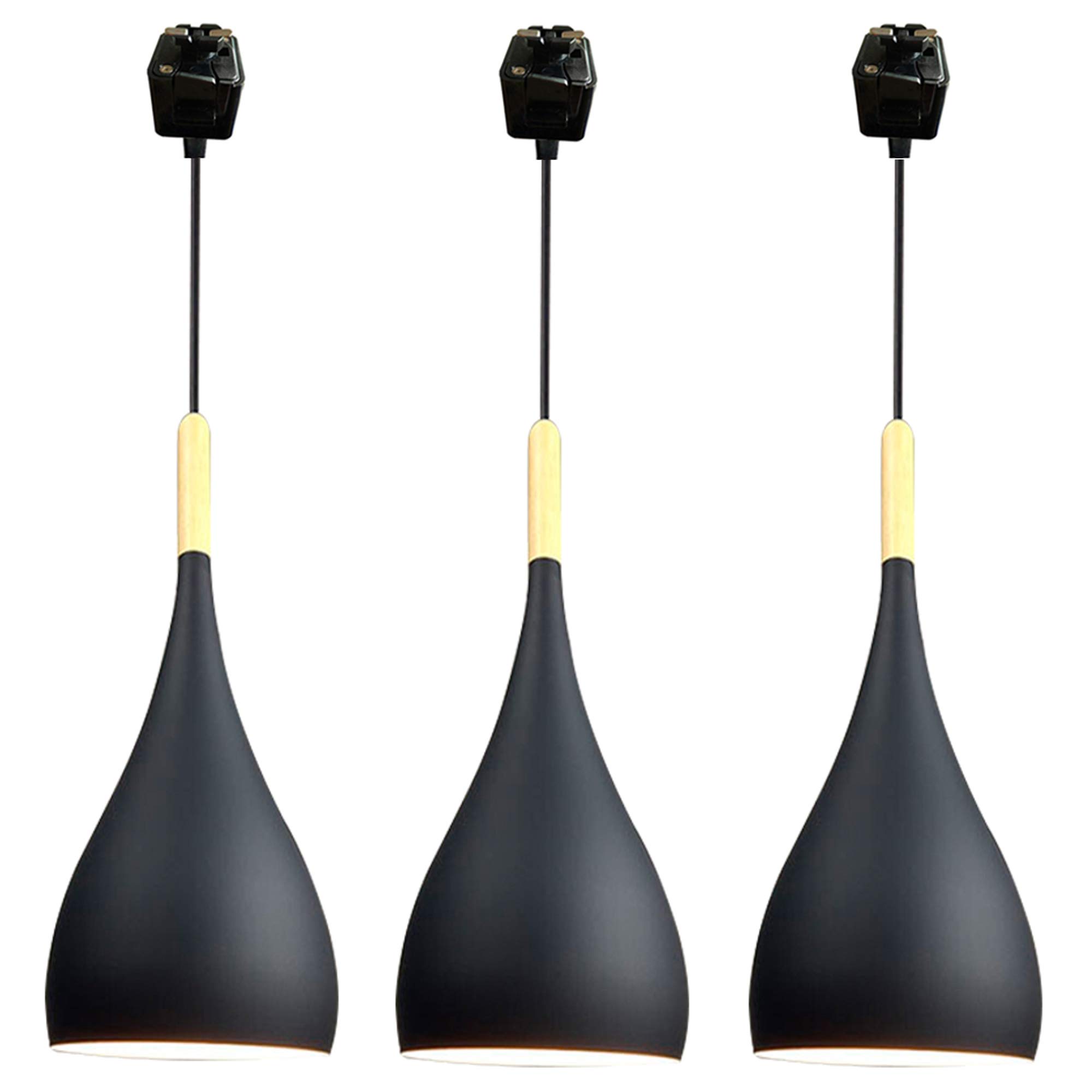 3-Lights Wooden Pendant Light - J-Type Track Mounted Lighting Fixture with 3.2 ft Cord, Macaron Black Lampshade - Modern Kitchen Island Lighting for Dining Room, Bar, and Home Decor