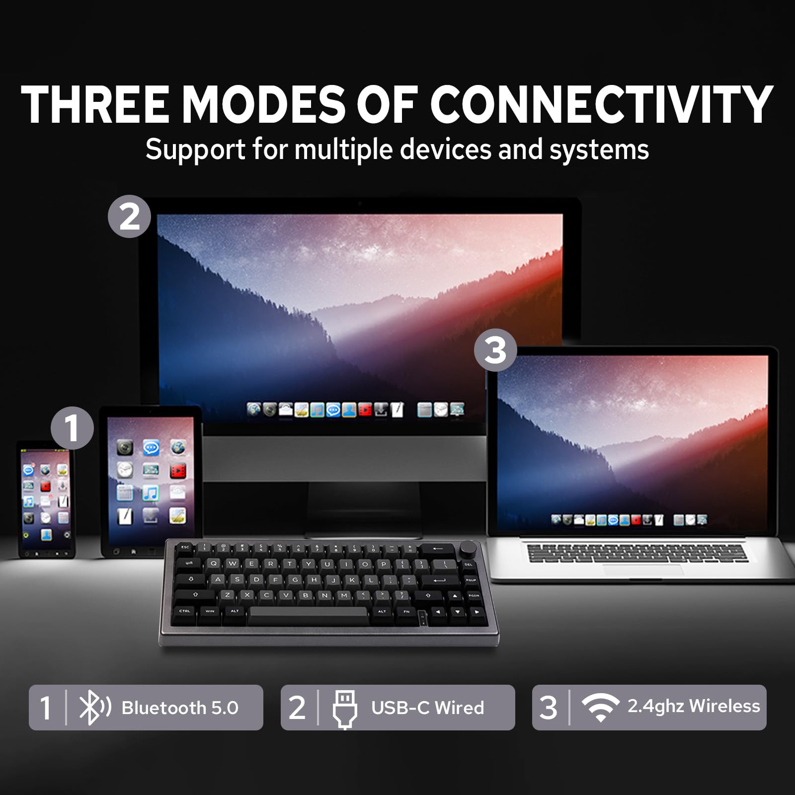 EPOMAKER EK68 65% Wireless Mechanical Gaming Keyboard - Hot Swappable Gasket Mount, Bluetooth 5.0/2.4Ghz/USB-C Wired, Customizable Metal Knob (Black Silver, Budgerigar Switch) - Perfect for Esports, Office Work & Typing Enthusiasts