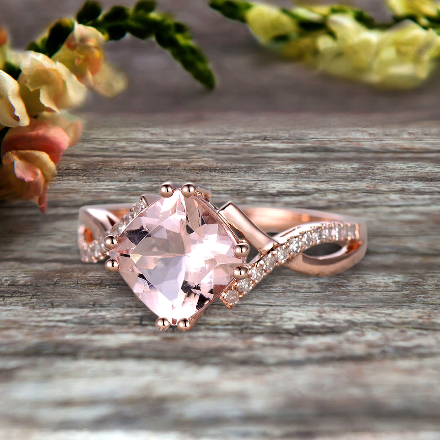 1.25 Carat Cushion Cut Morganite Engagement Ring - Infinity Twisted Curved Promise Ring in 10k Rose Gold - Perfect for Proposals, Anniversaries & Romantic Gifts