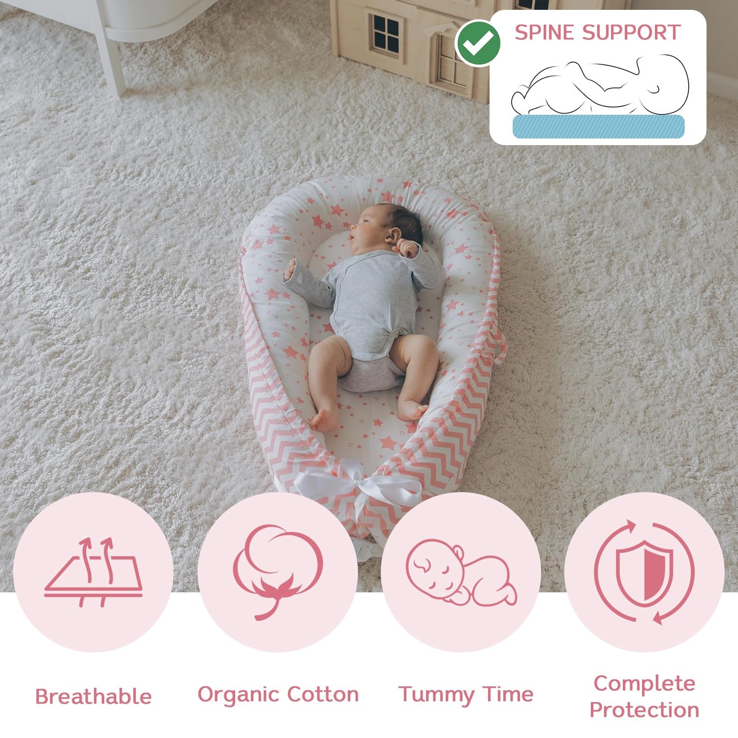 Organic Cotton Baby Nest Lounger - Reversible, Breathable & Adjustable Portable Infant Bed for Newborns | Star Collection (Pink) | Perfect for Co-Sleeping, Nursery & Travel