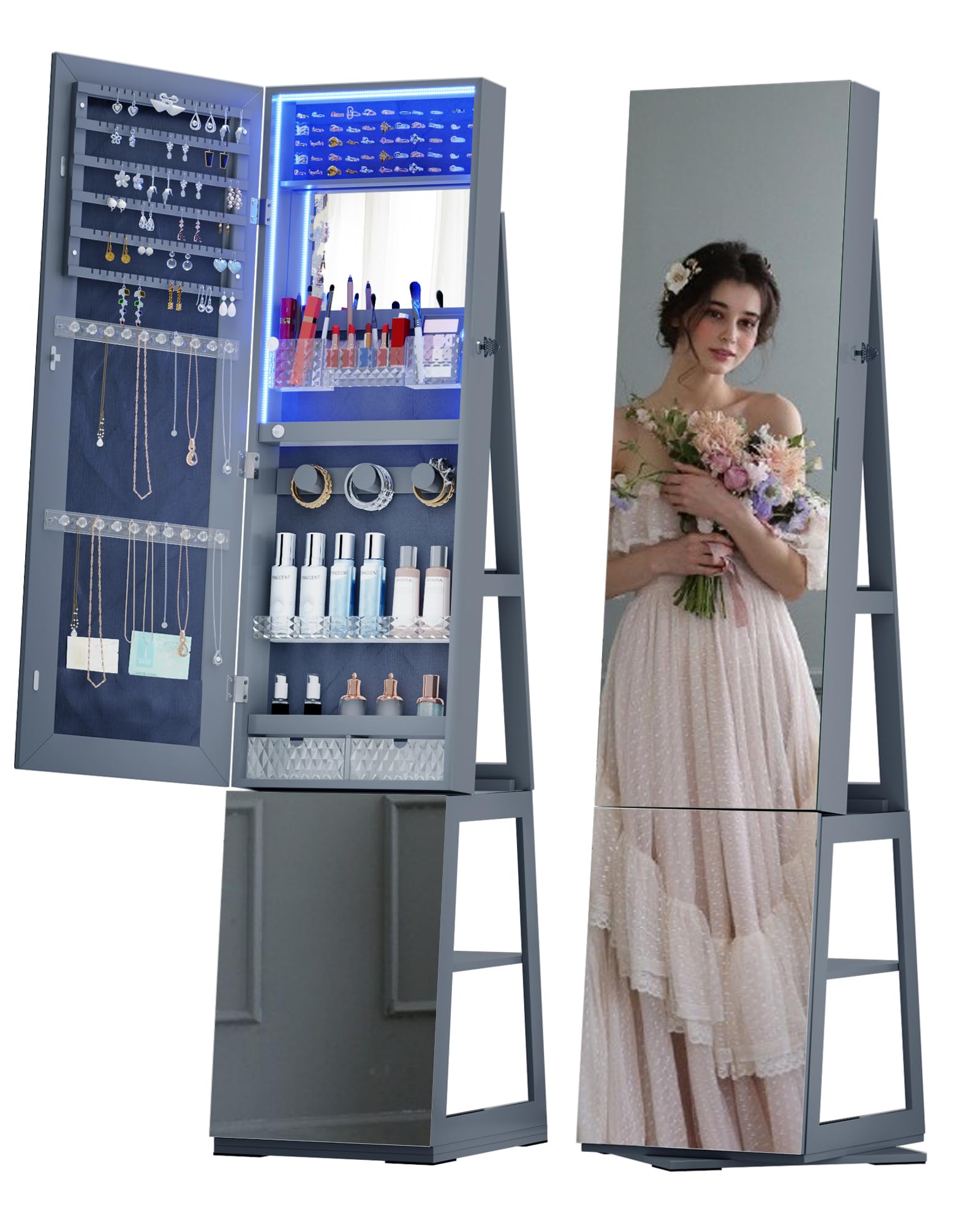 360° Swivel Full-Length Jewelry Cabinet with Mirror & LED Lights - 4-Tier Storage Organizer, Jewelry Armoire with Shelves - Space-Saving Standing Mirror for Bedroom, Closet & Dressing Room (Gray)