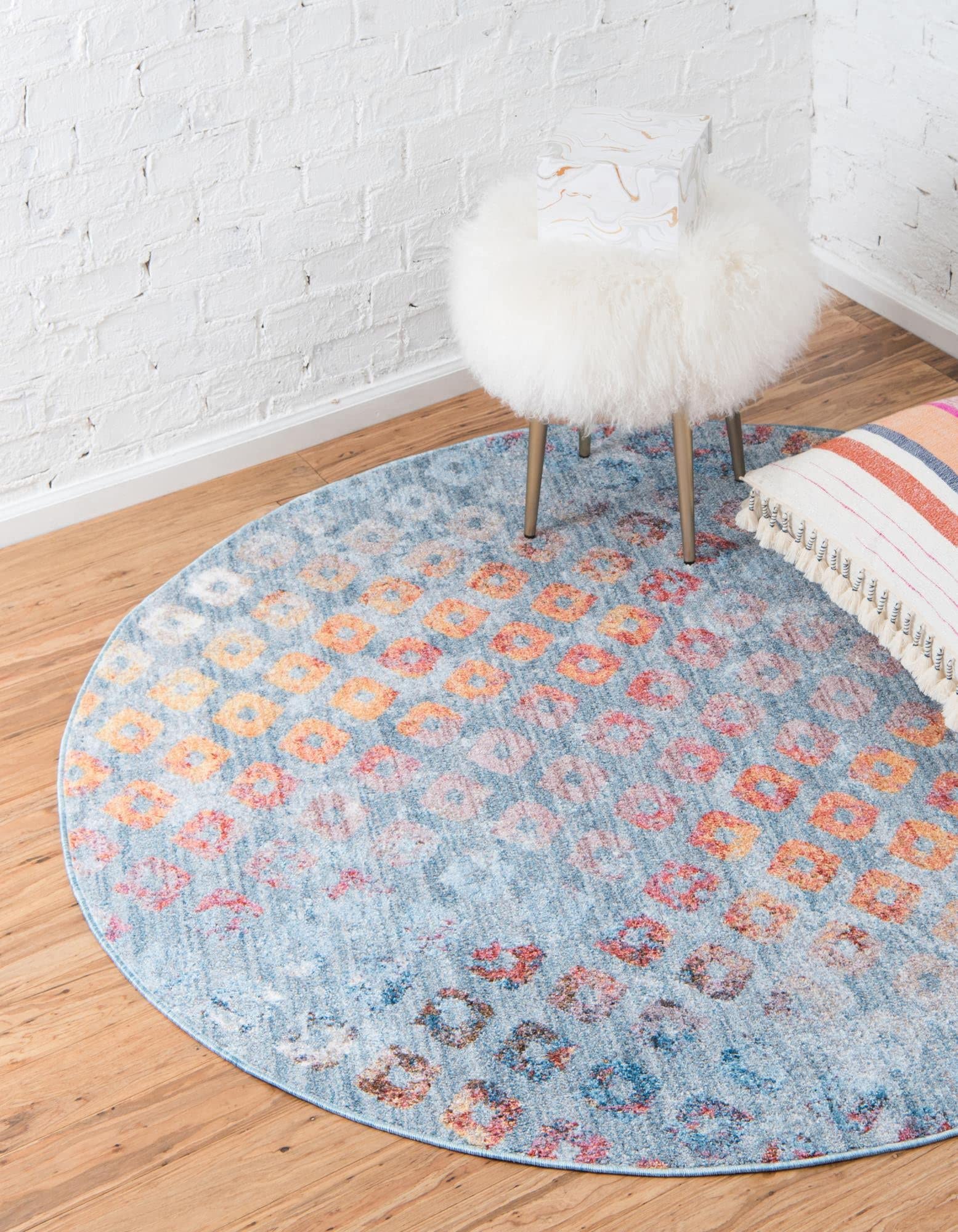 Unique Loom Rainbow Collection Geometric Abstract Modern Watercolor Blue Round Area Rug 6' x 6' - Soft Non-Slip Floor Covering for Living Room, Bedroom, Nursery & Office Decor