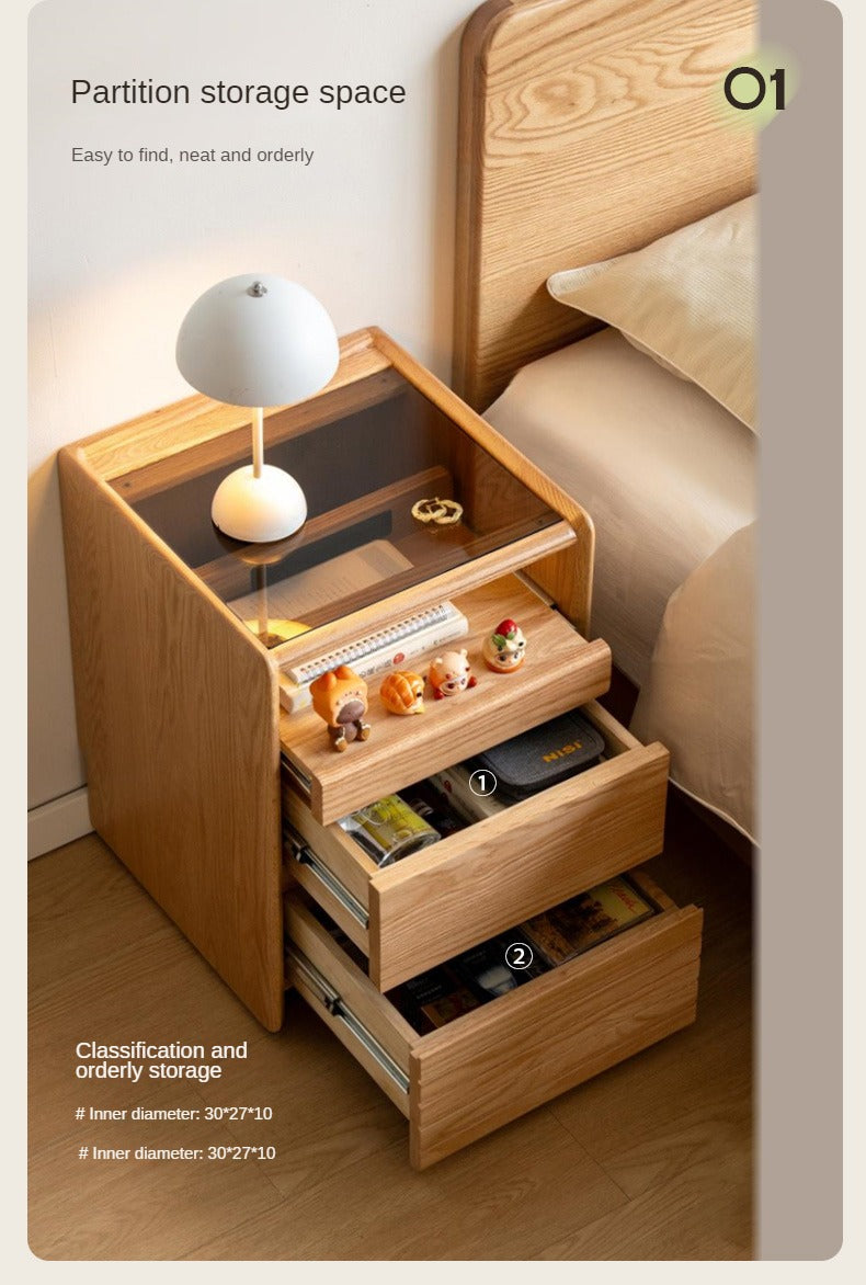 Solid Oak Wood Nightstand with Glass Top - Modern Movable Bedside Table for Bedroom, Living Room, or Office