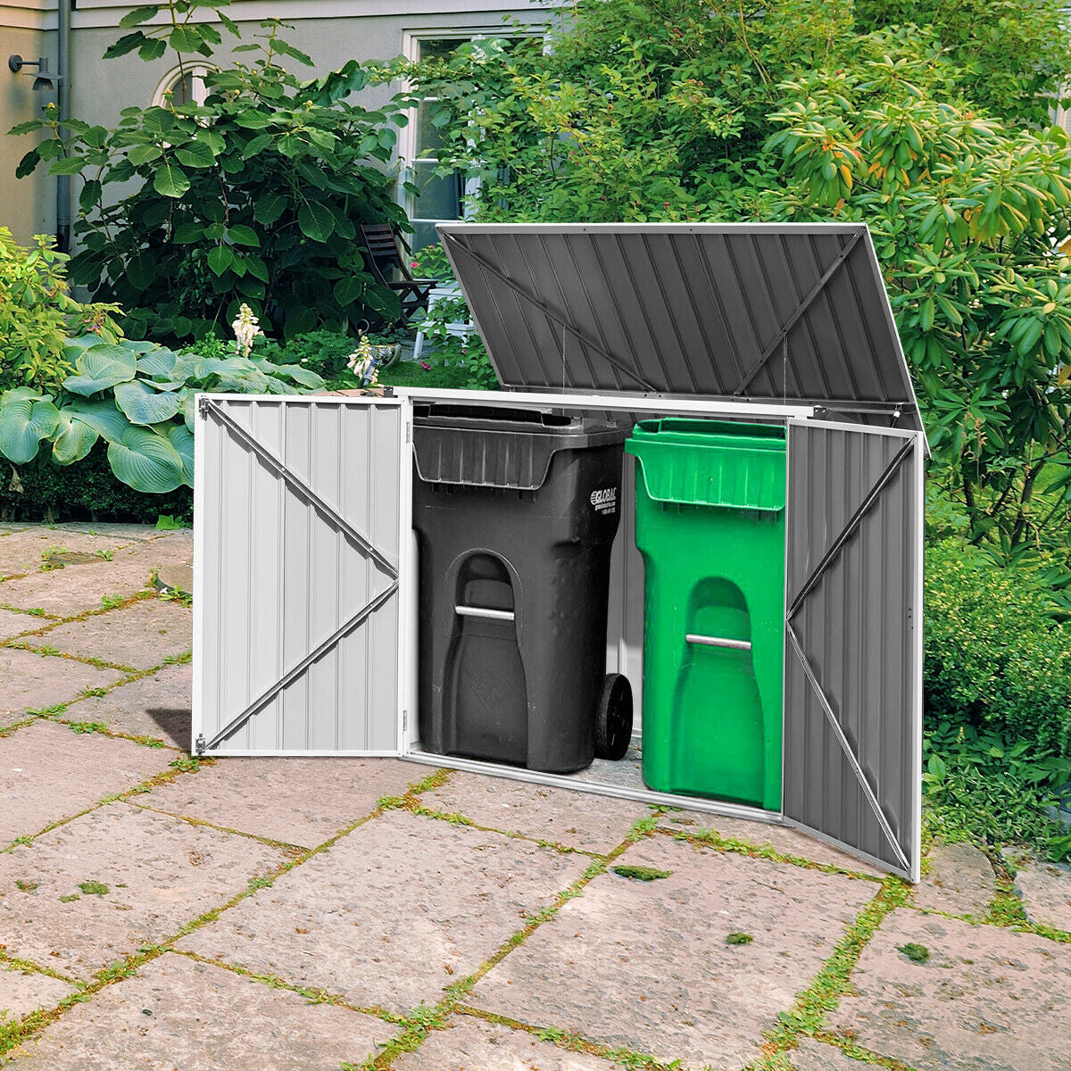 Costway 68 Cubic Feet Horizontal Outdoor Storage Shed for Garbage Cans, Yard Tools & Equipment - Heavy Duty Weather Resistant Backyard Shed for Patio, Garden & Home Organization