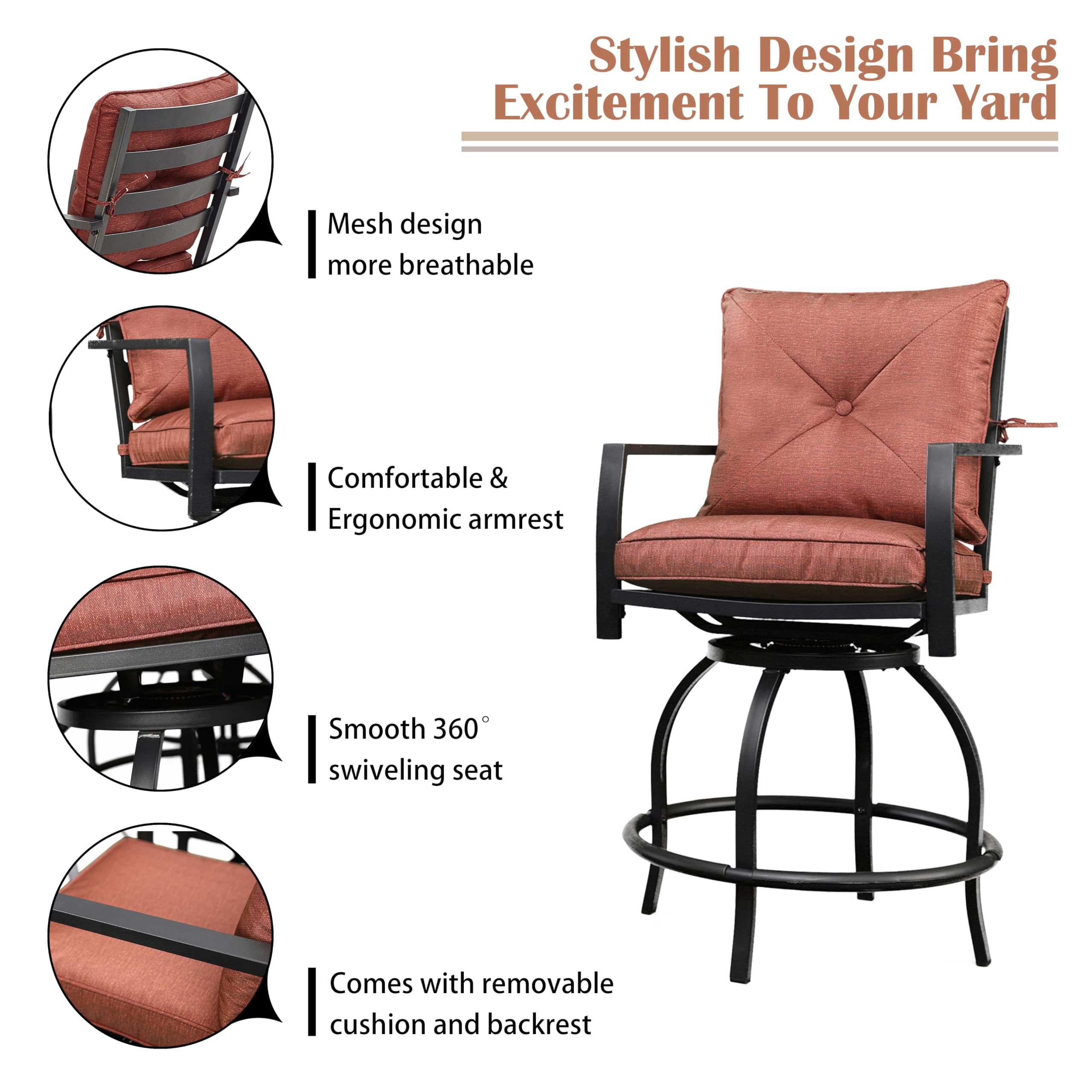 LOKATSE HOME 3-Piece Patio Bar Set with 2 Swivel Bar Stools & 1 High Glass Top Table - Outdoor Bistro Dining Furniture for Balcony, Deck, Garden - Red (Bar Height)