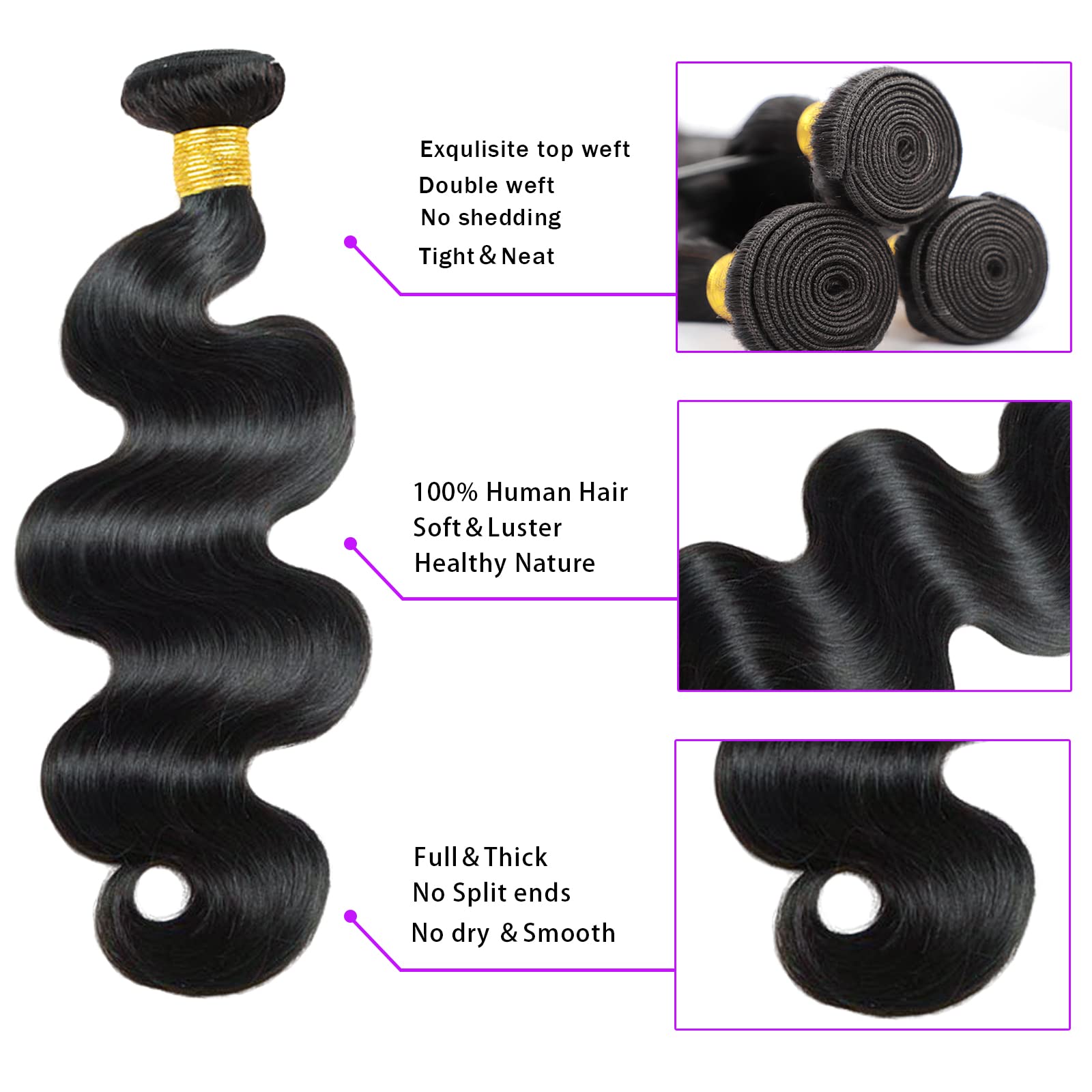 100% Brazilian Human Hair Bundles 26 28 30 Inch Body Wave Weave - Unprocessed Remy Hair Extensions in Natural Black Color for Long Lasting Wet & Wavy Hairstyles | Perfect for Daily Wear, Parties & Special Occasions