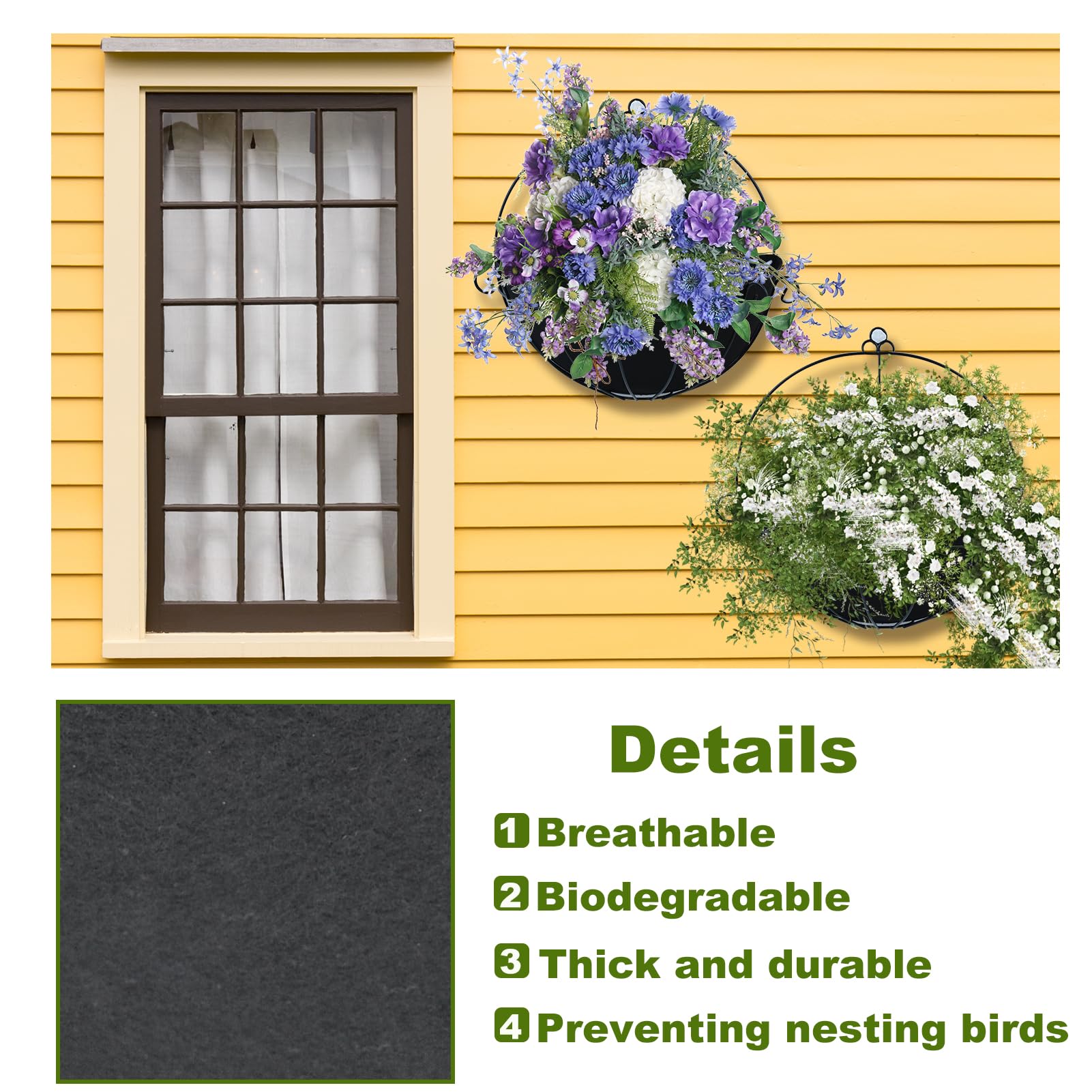 3PCS 14 Inch Half Round Planter Liners - Breathable Fabric Flower Basket Liners, Black Felt Liner for Wall Hanging Baskets - Coconut Liner Alternative for Indoor/Outdoor Plants, Garden Decor