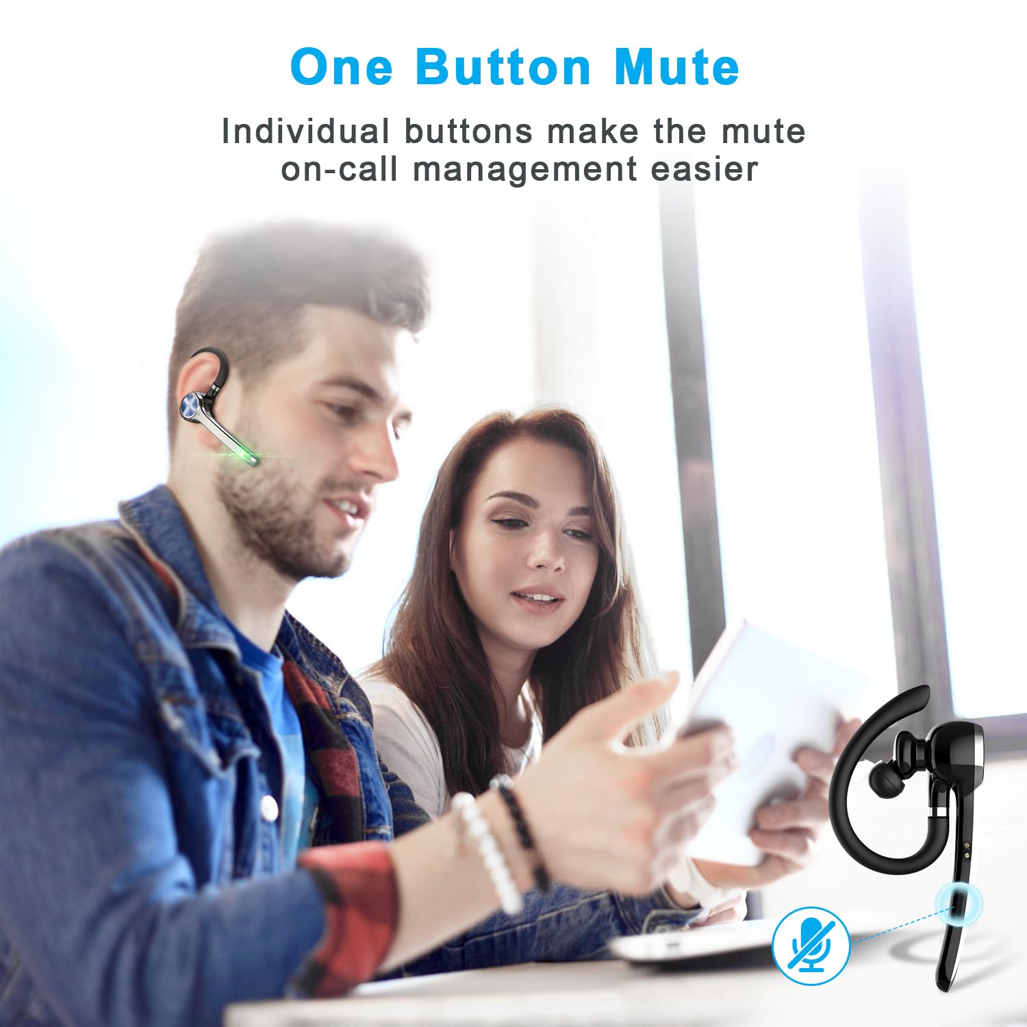 Wireless Bluetooth Headset with 500mAh Charging Case - 72H Talk Time, Built-in Mic, V5.1 for iPhone Android - Hands-Free Headphones for Truckers, Office Work, Driving & Online Meetings