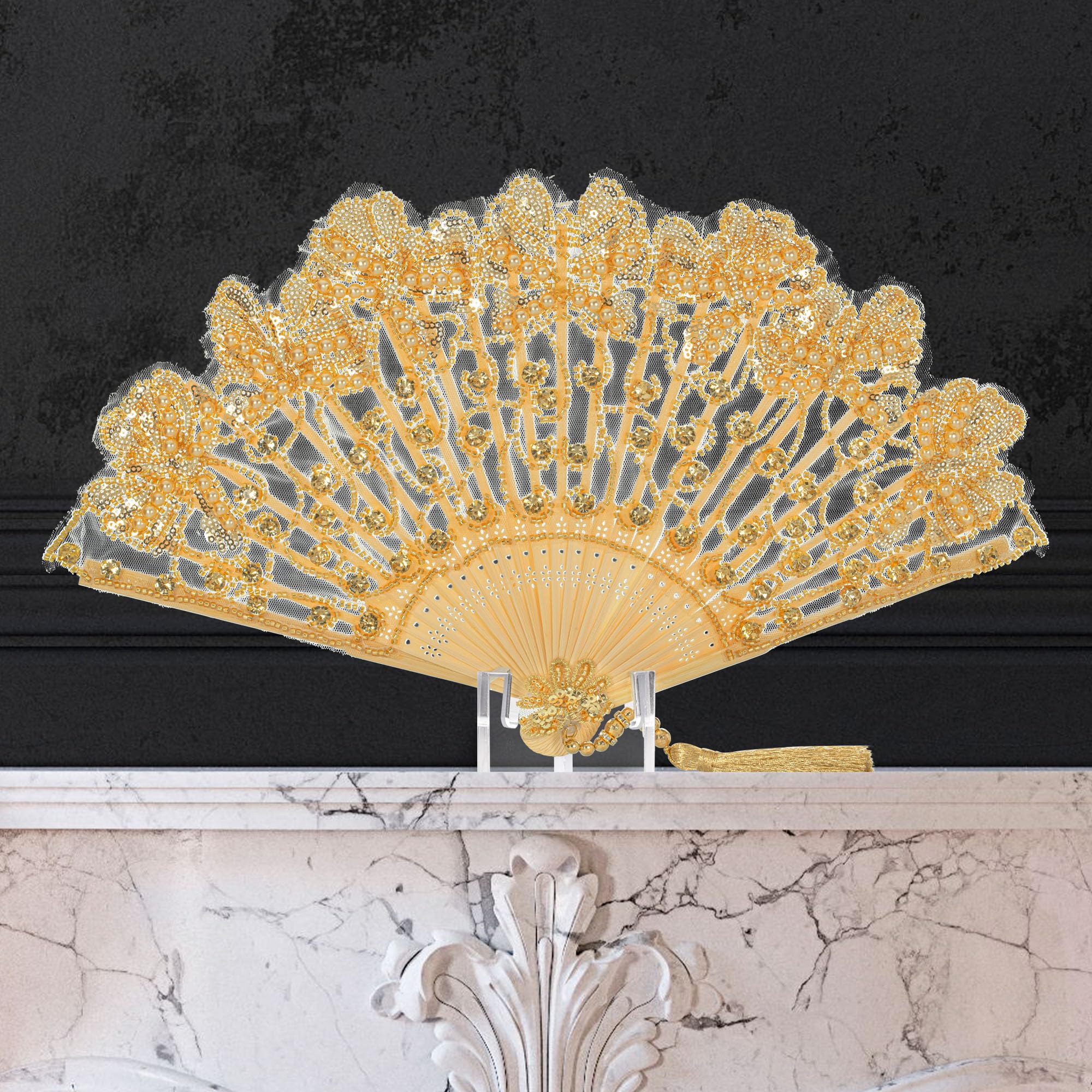 Vintage Lace Hand Fan with Rhinestone & Embroidered Design - Non-Foldable Wedding Bridal Fan for Ceremony, Photo Shoot & Dance Party - Elegant Gold Handheld Fan for Bridesmaids & Special Occasions