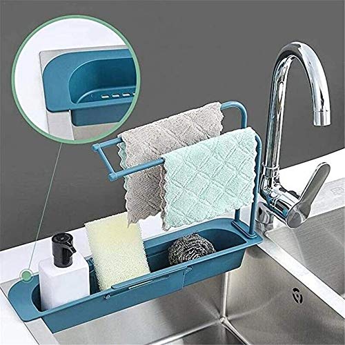 Expandable Sink Storage Rack - Durable Plastic Kitchen Organizer for Dish Soap, Sponge & Gloves - Built-in Towel Dryer - Easy Assembly (Blue) | Perfect for Small Kitchens, Apartments & RV Living