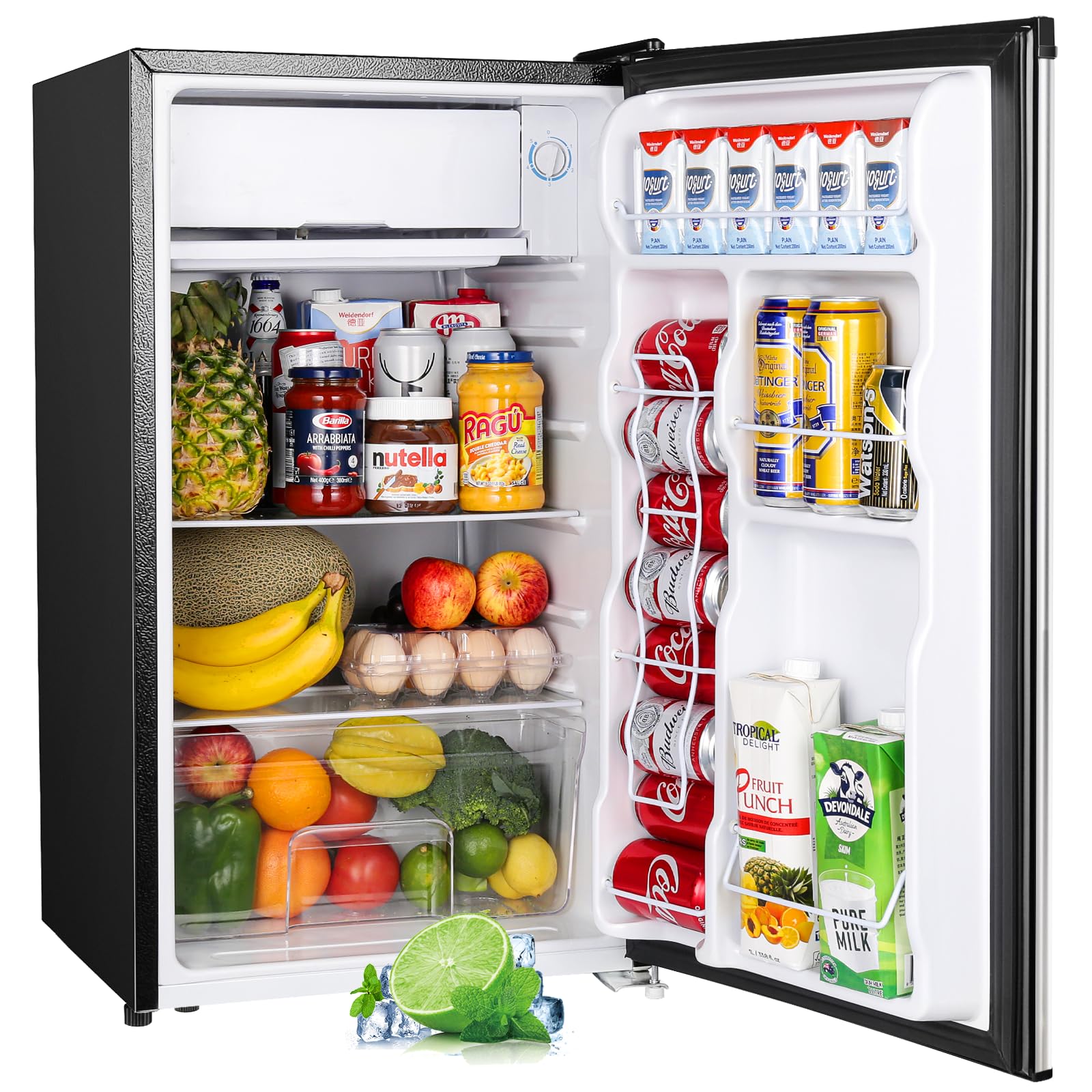 Upstreman 3.2 Cu.Ft Mini Fridge with Freezer - Compact Single Door Refrigerator for Dorm, Office, Bedroom | Adjustable Thermostat, Stainless Steel Design | Perfect for Small Spaces, Snacks & Beverage Storage (Model SR321)