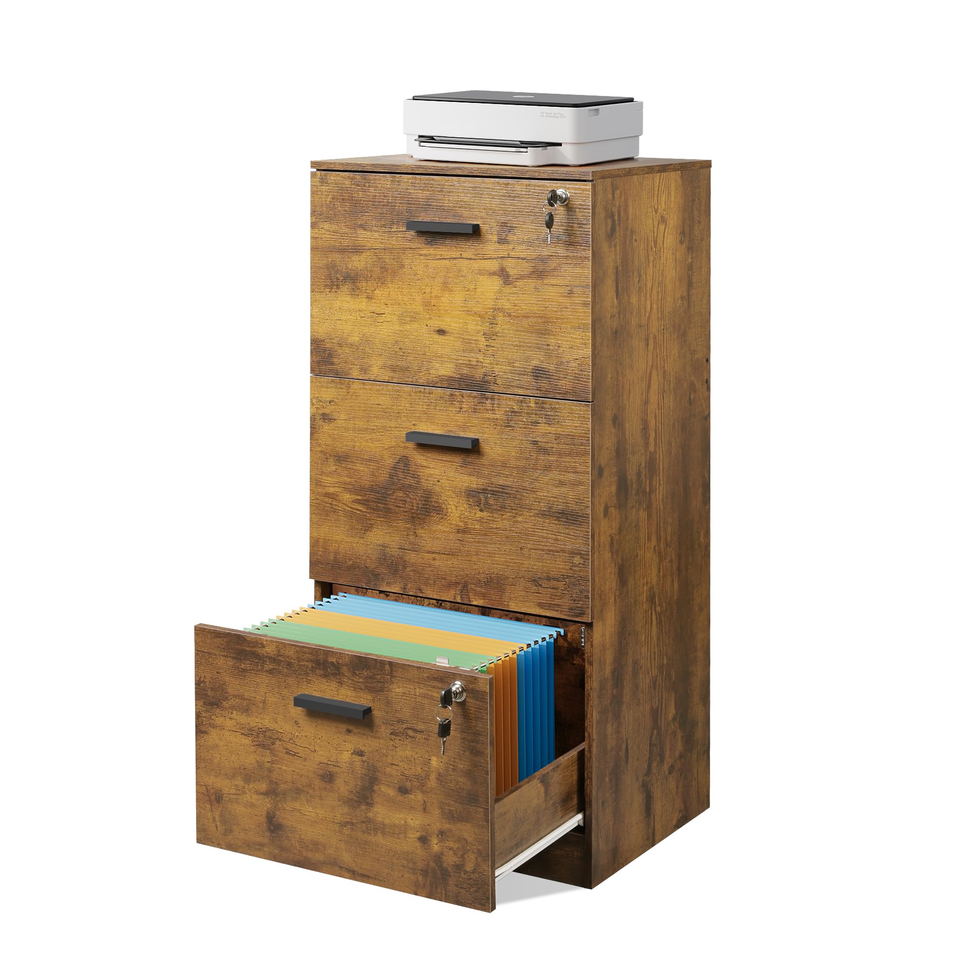 DEVAISE 3-Drawer Locking File Cabinet - Vertical Wooden Office Storage Organizer for Letter & A4 Documents - Rustic Brown Home Office Furniture - Perfect for Home Offices, Study Rooms & Workspaces