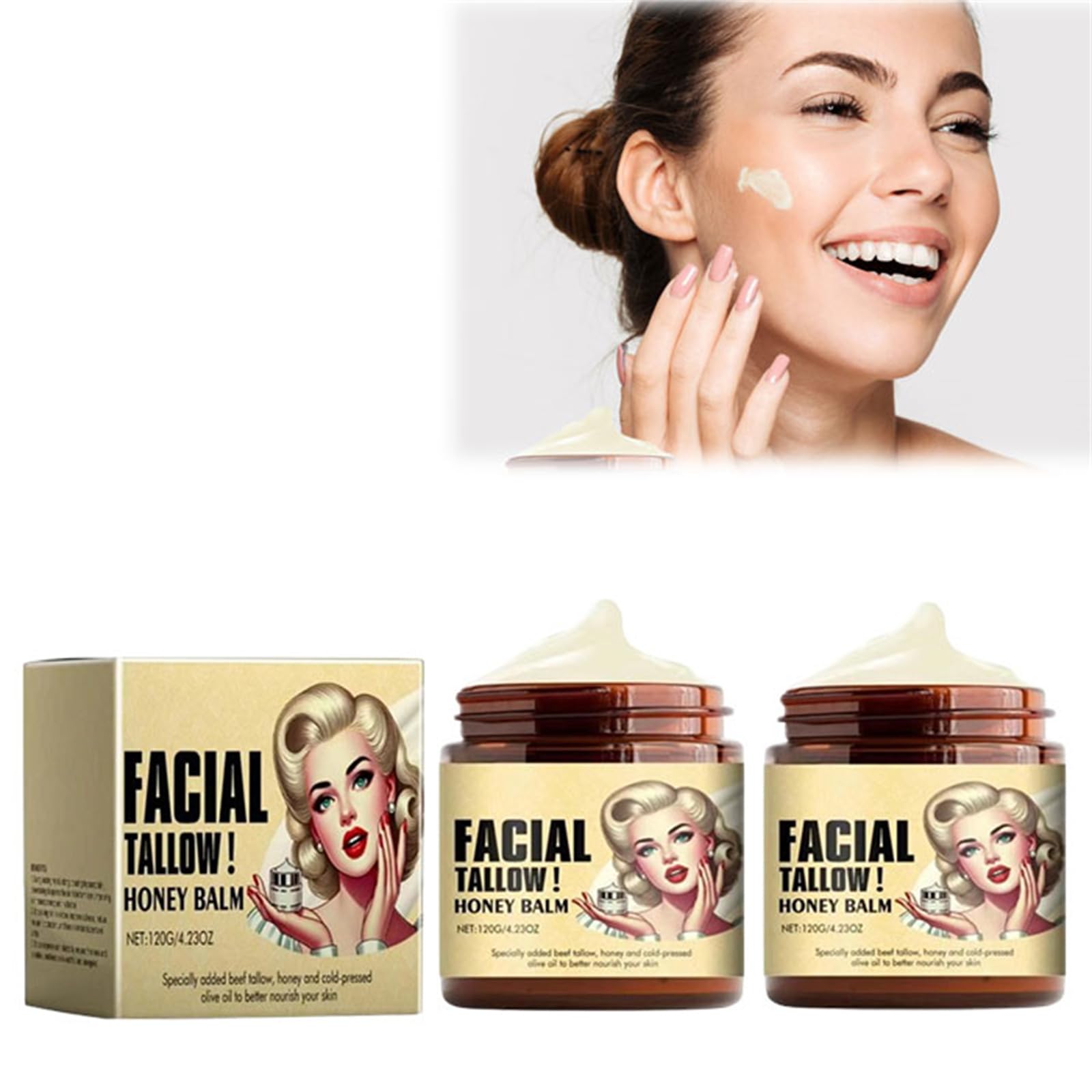 Organic Whipped Tallow Honey Balm - Grass Fed Face Cream & Lip Balm for Dry Skin Care (2pcs)