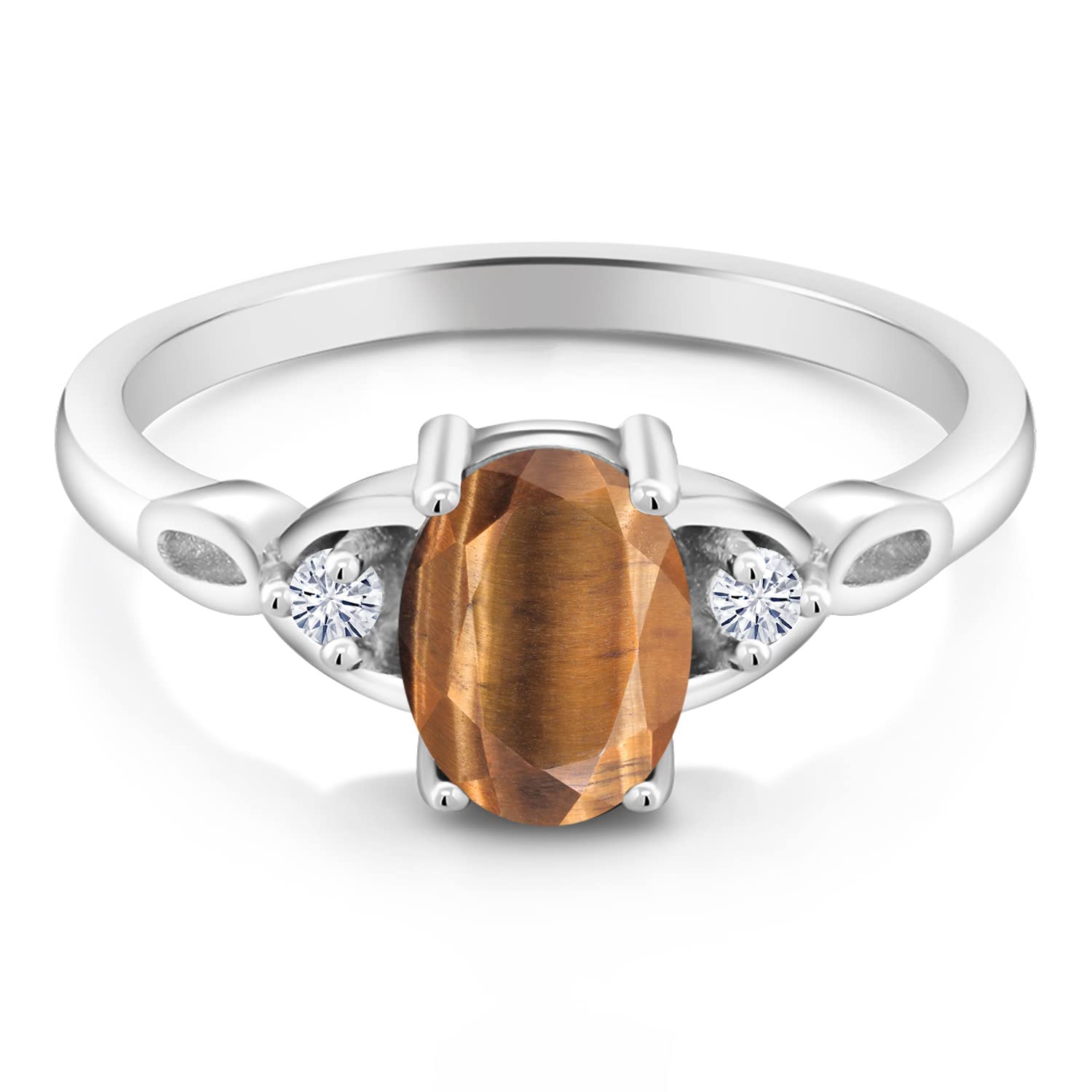 925 Sterling Silver Women's Ring with Brown Tiger Eye & Lab-Grown Diamond (1.33 CTTW, Oval 8x6mm) - Size 5-9 | Elegant 3-Stone Jewelry for Everyday Wear, Gift & Special Occasions