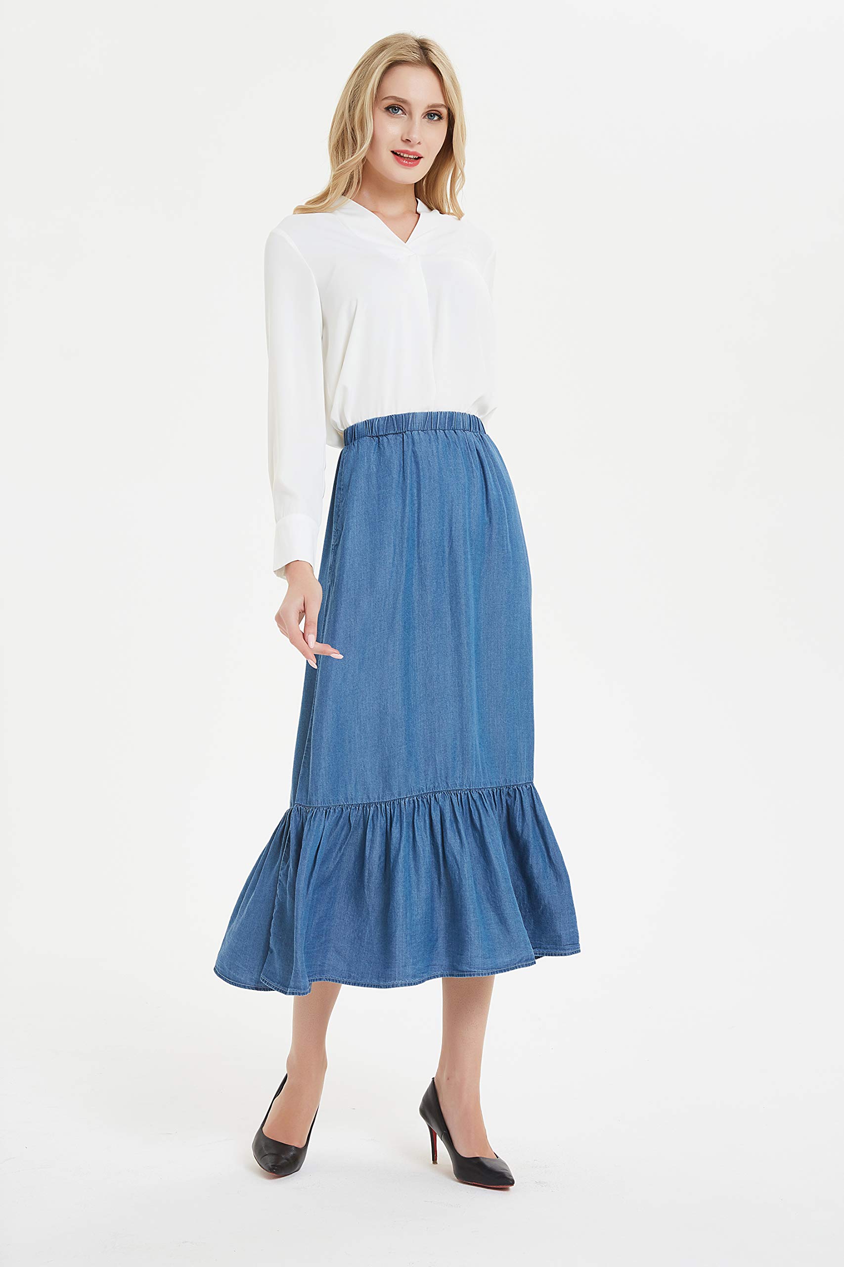 Tronjori Women's Tencel Denim Midi Skirt with Pleated Hem - Comfortable Stretch Long Skirt for Casual Wear, Office & Date Night Outfits