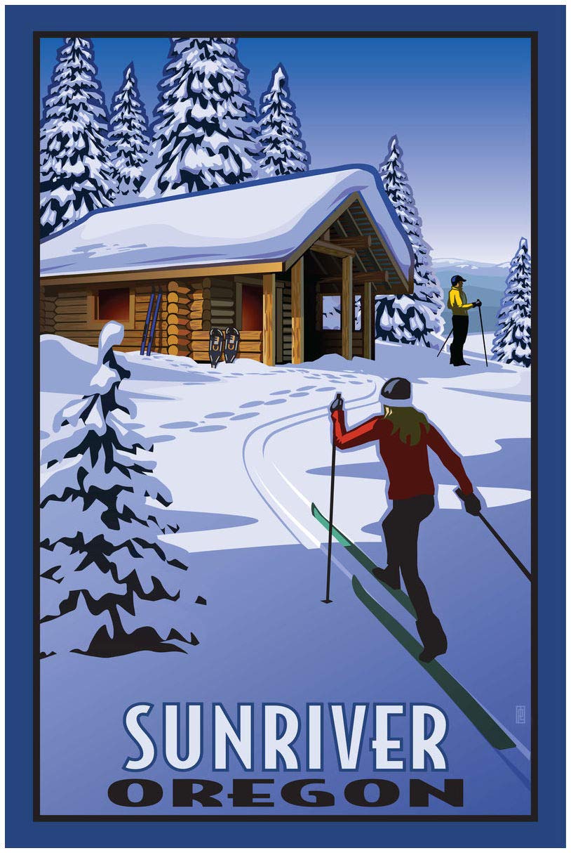 Paul Leighton Sunriver Oregon Cross Country Skiers & Cabin Giclee Art Print - 30x45 Inch Travel Artwork Poster for Home & Office Decor | Perfect for Ski Lodge, Cabin, or Winter-Themed Interior Design