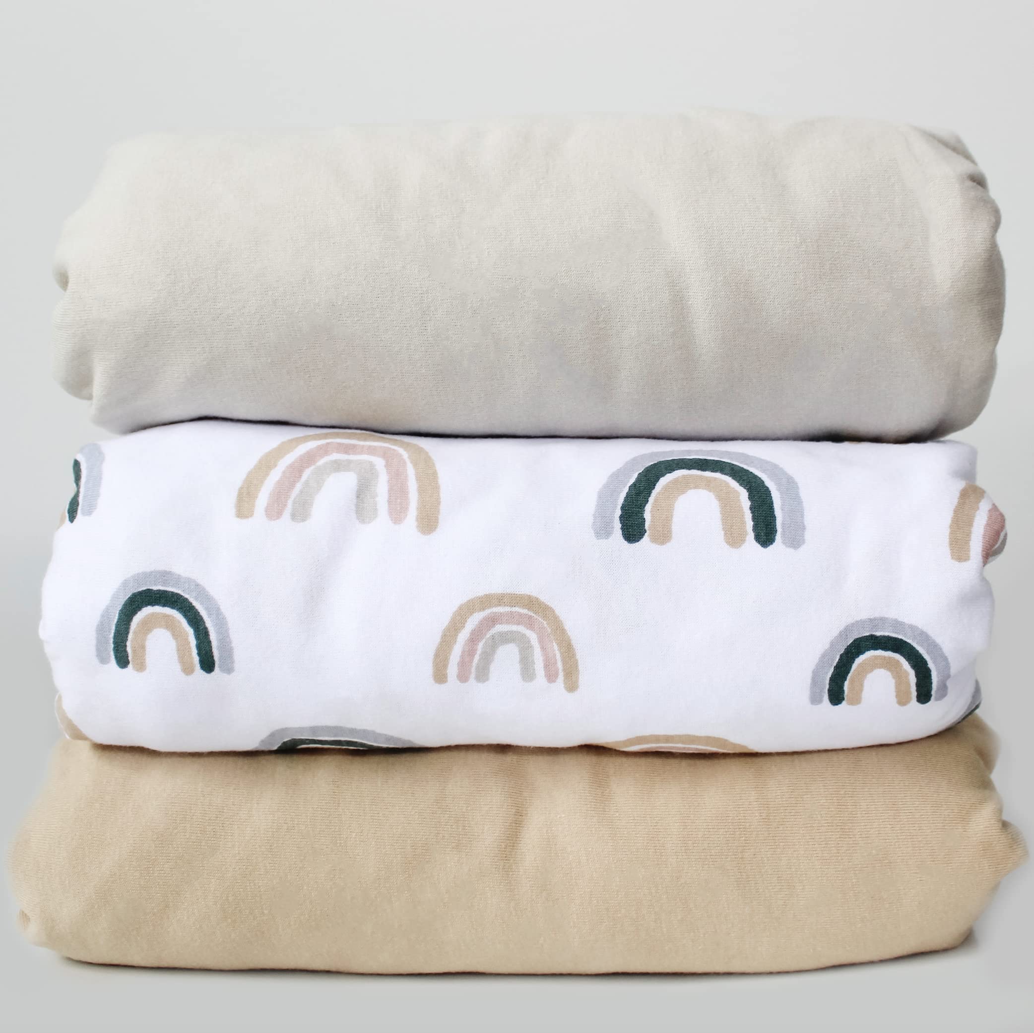 NODNAL CO. 3-Pack Fitted Crib Sheets Set - 100% Oeko-TEX Certified Cotton Baby Crib Sheets for Boys & Girls - Rainbow & Solid Colors, Boho Gender Neutral Watercolor Beige/Tan - Fits Toddler Mattress 28”x52”x9” - Perfect for Nursery, Daycare & Travel