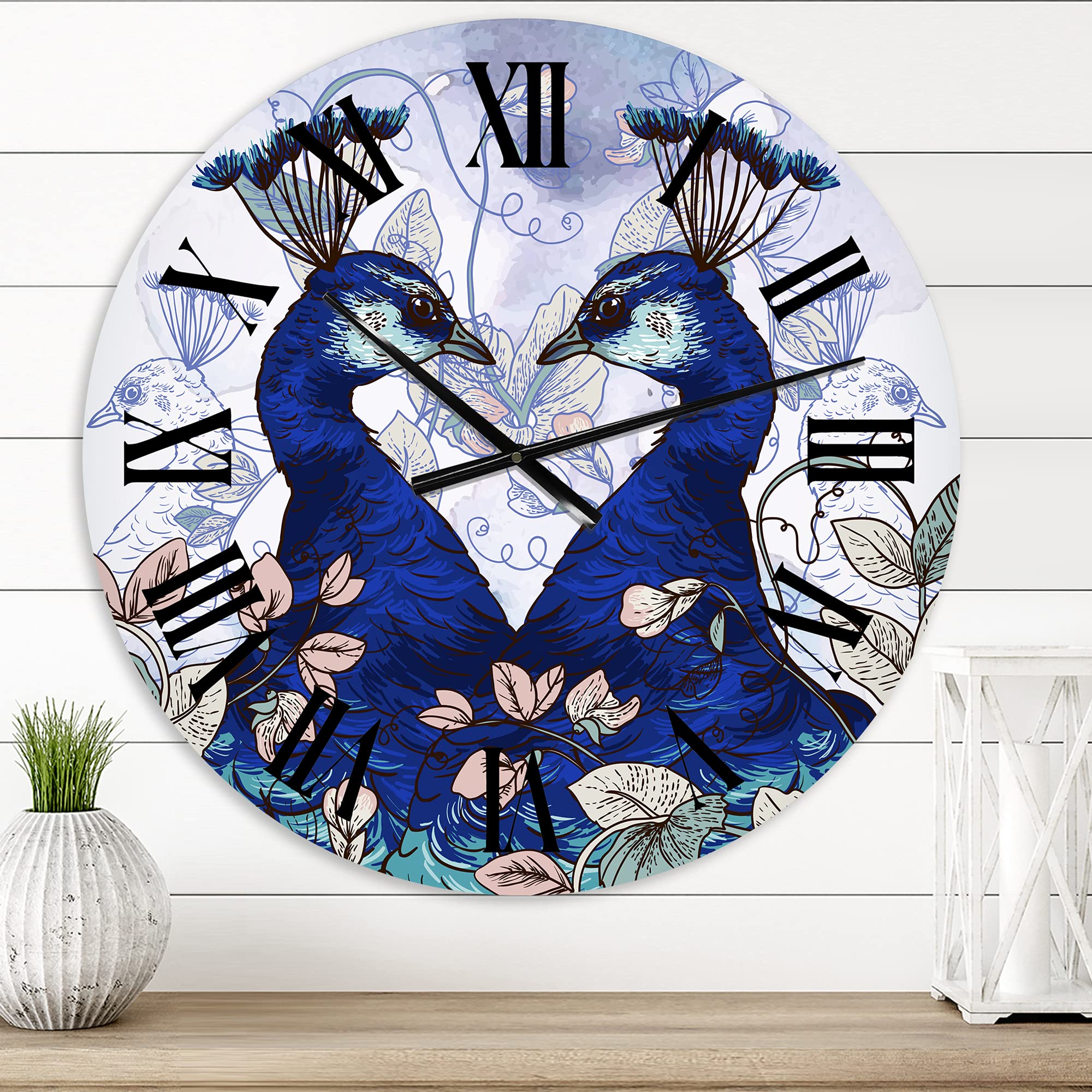 DesignQ Traditional Wall Clock - Two Blue Peacocks with Wildflowers, Large Decorative Clock for Living Room, Bedroom, Office | Silent Non-Ticking, Battery Operated Home Décor