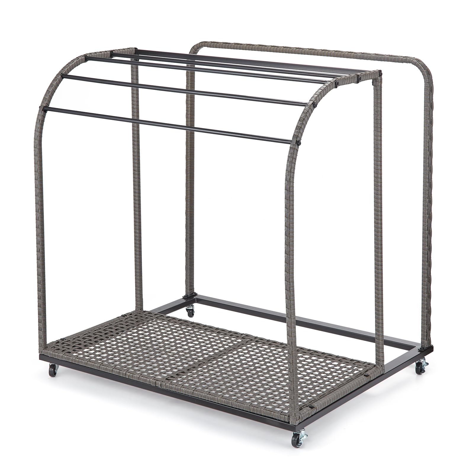 IdealHouse Freestanding Rattan Weaving Poolside Towel Rack - 5-Bar Outdoor/Indoor Storage Organizer for Towels, Pool Floats, Noodles & Swimming Rings - Perfect for Patio, Beach House & Poolside Decor