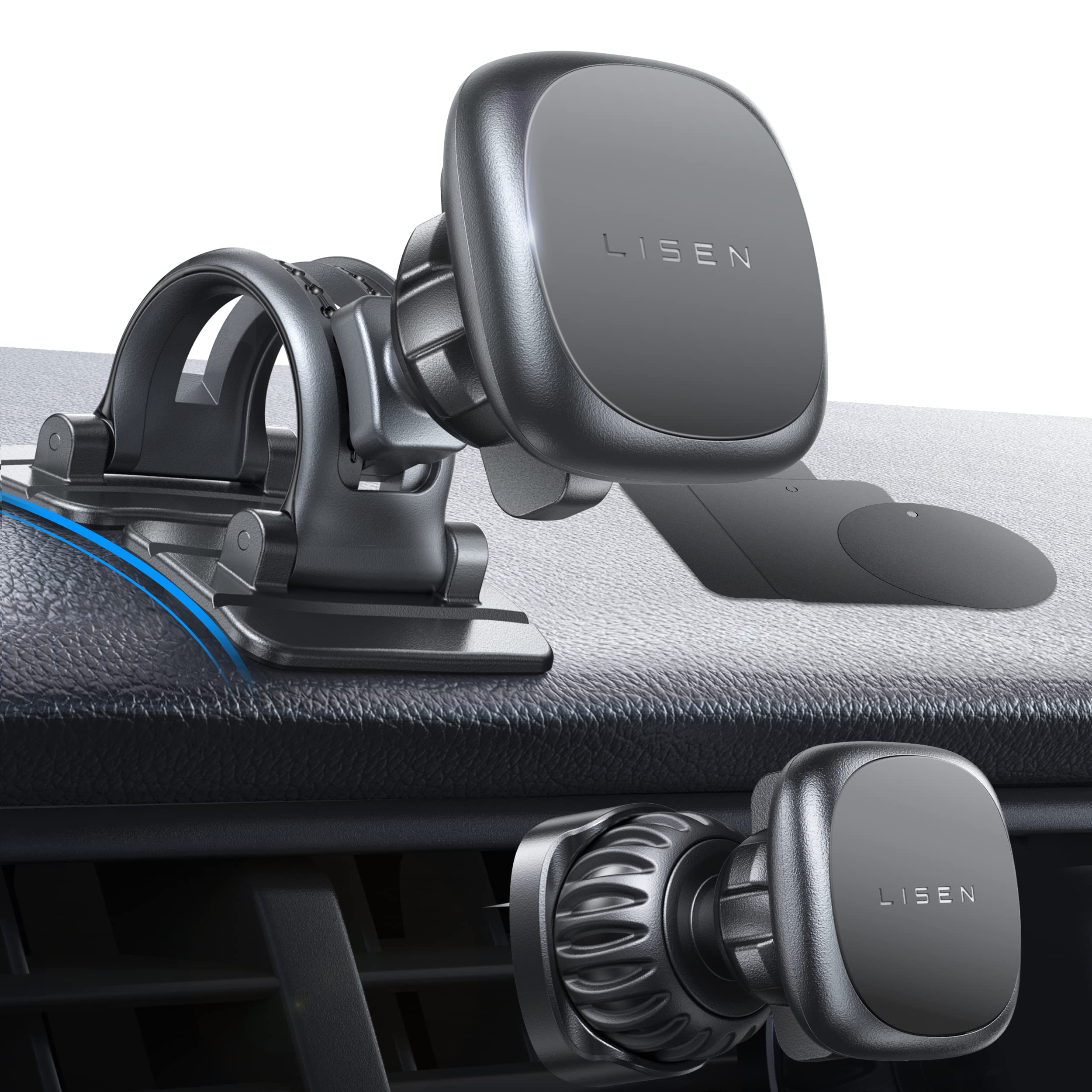 LISEN Magnetic Car Phone Holder with 6 Strong Magnets - Universal Phone Mount for iPhone & All Smartphones - Case Friendly, Replaceable Base, Vent Mount - Perfect for Driving, Commuting & Road Trips (Black)