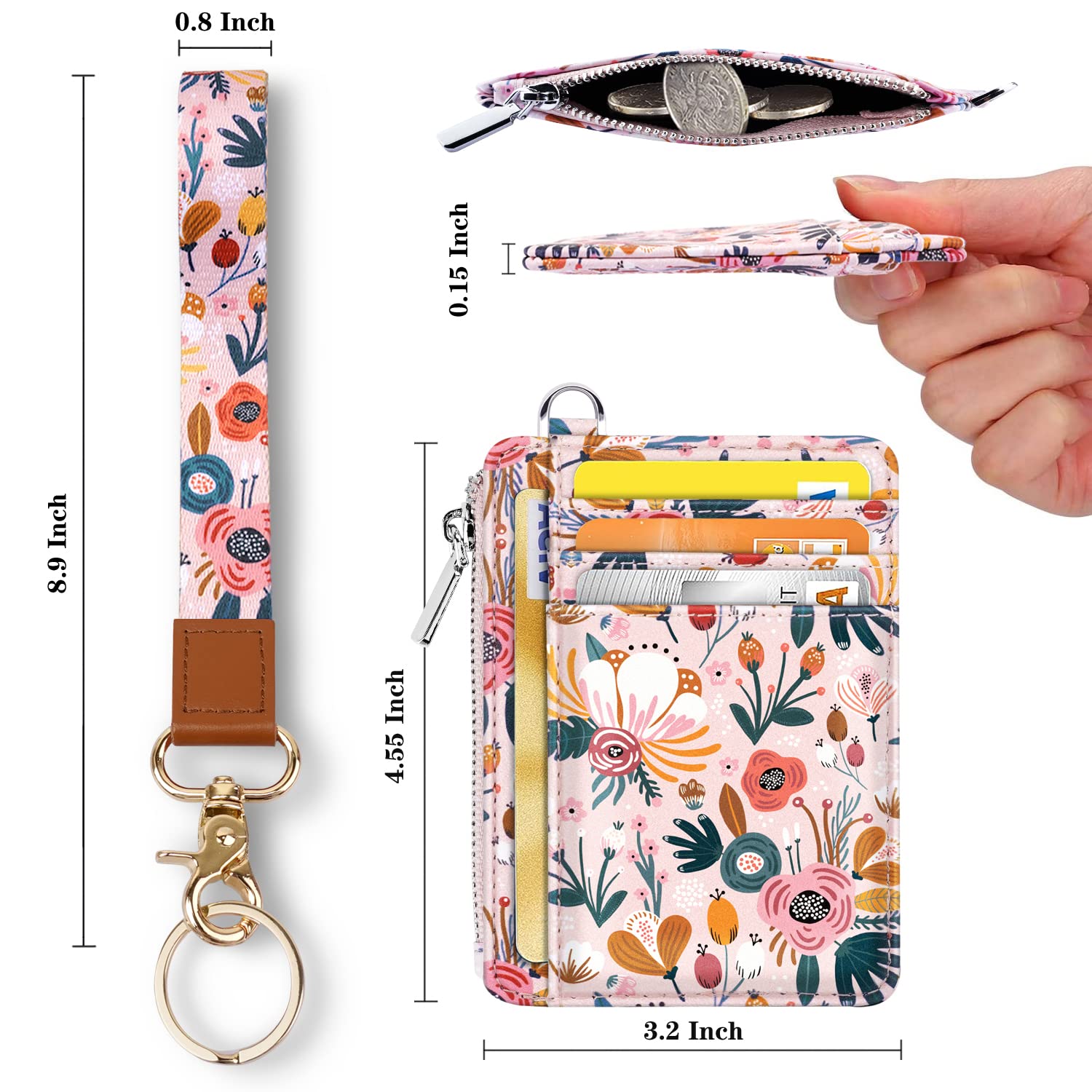 Waveyu Pink Flower Wrist Lanyard with ID Holder & 6 Card Slots - Perfect for Women's Work & Travel Essentials