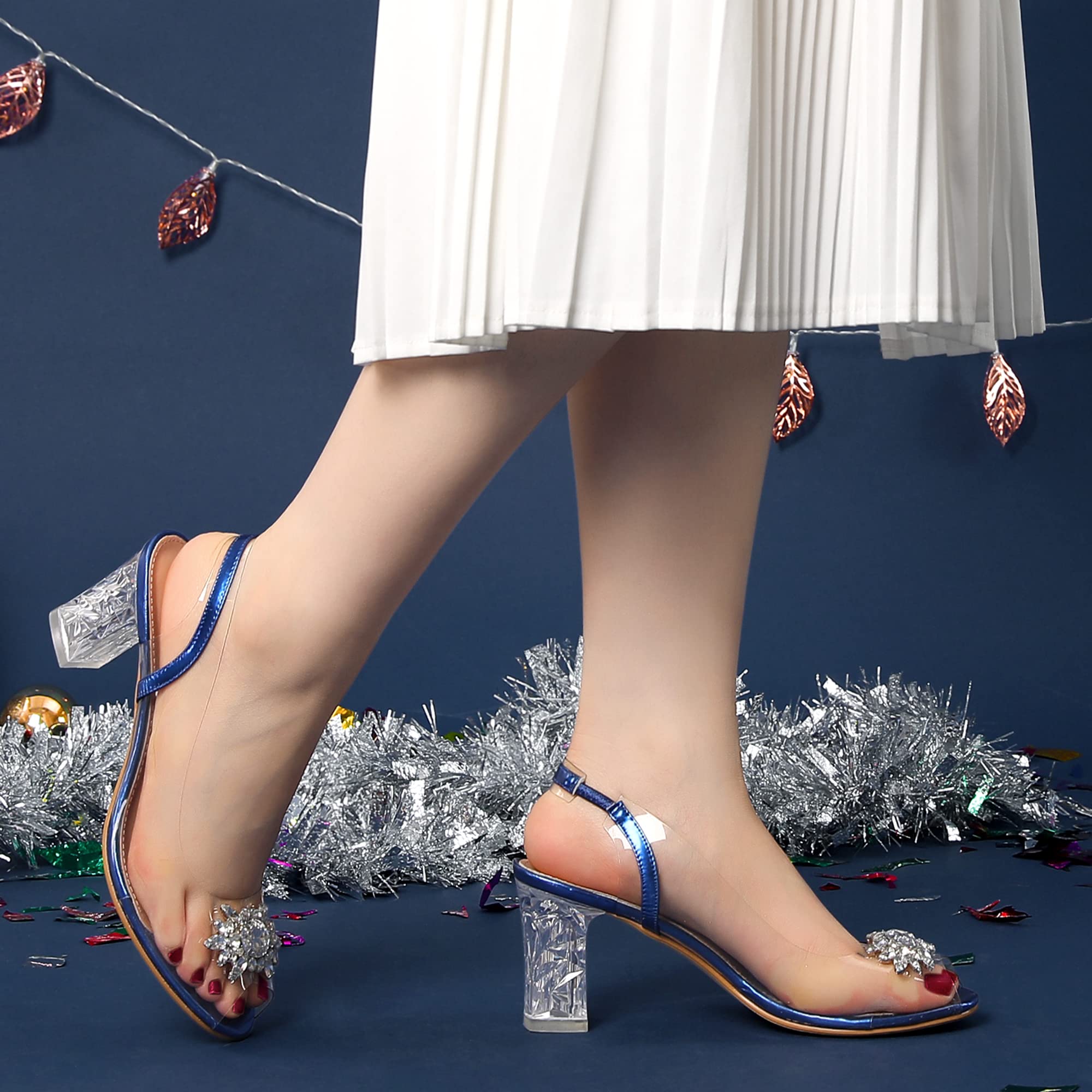 Perphy Clear Slingback Rhinestone Peep Toe Block Heel Sandals for Women | Comfortable Wedding Party Dress Shoes for Bridesmaid & Evening Events