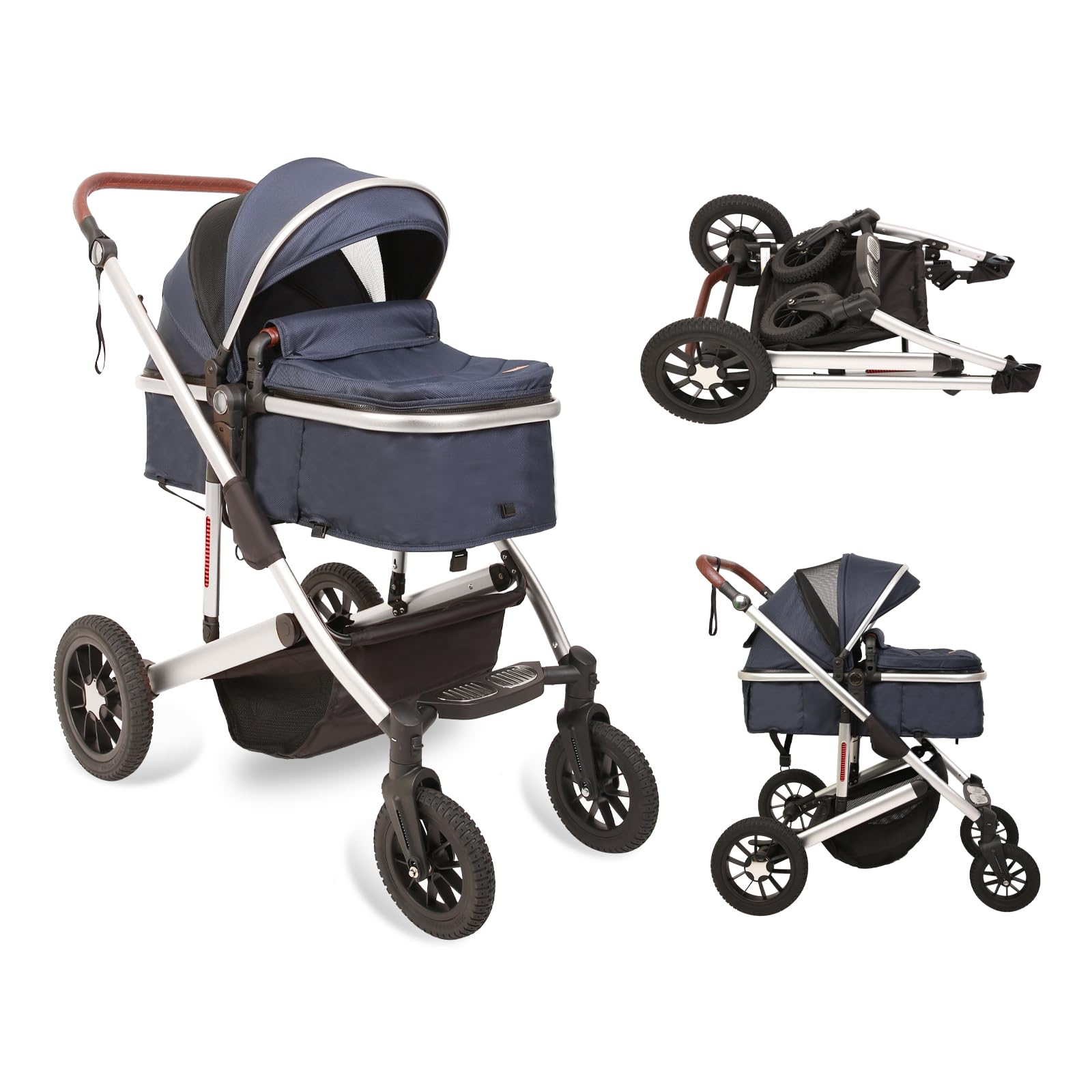 2 in 1 Baby Stroller with Reversible Bassinet - Adjustable Backrest & Canopy, Foldable Aluminum Alloy Shock-Absorbing Stroller for Newborns (Silver-Blue) | Perfect for Outdoor Walks, Shopping & Travel