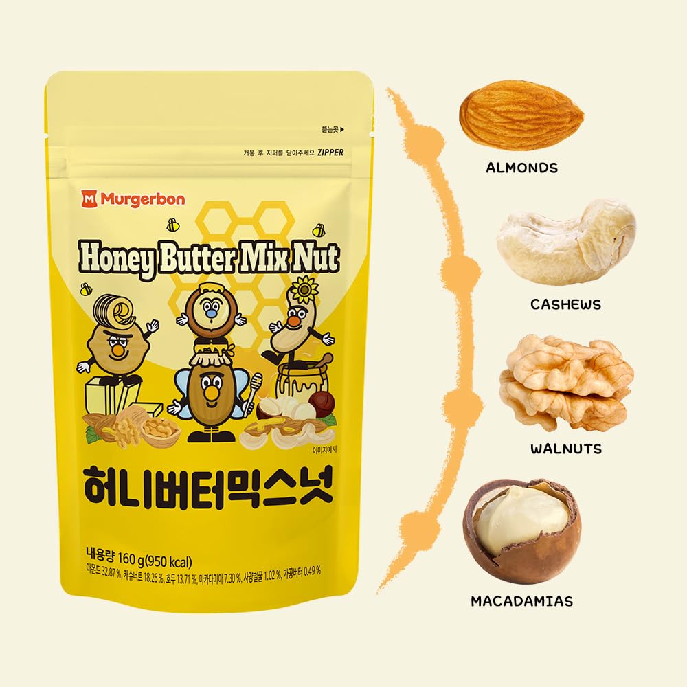 Official MURGERBON Honey Butter Mixed Nuts - High Protein Healthy Snacks, Resealable Zip Pouch for Freshness - Perfect for Kids Lunch Box, School Snacks, Office Break, Travel & Outdoor Activities (5.6oz Pack)