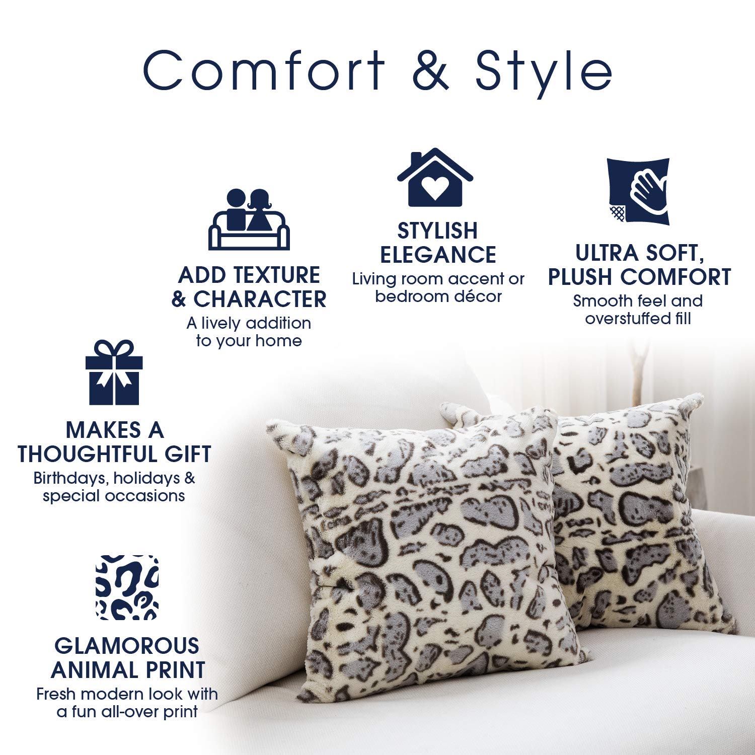 Set of 2 Snow Leopard Print Throw Pillows - 18x18 Inch Soft Velvet Faux Fur Decorative Couch Cushions for Living Room, Bedroom & Sofa Decor