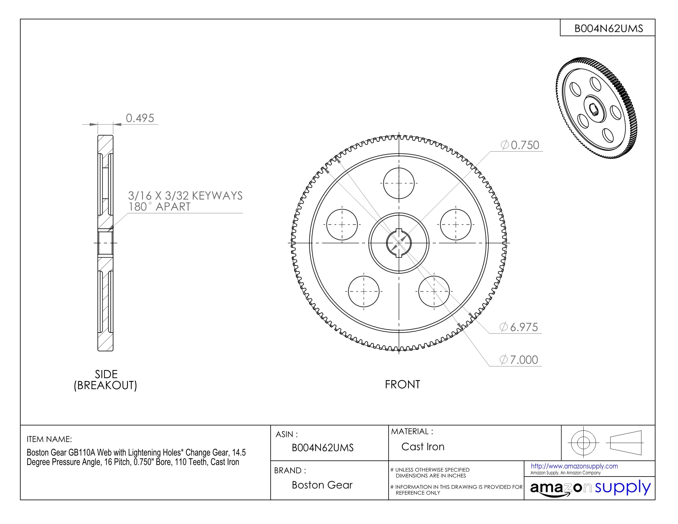 GB110A Cast Iron Change Gear - 14.5° Pressure Angle, 16 Pitch, 0.750