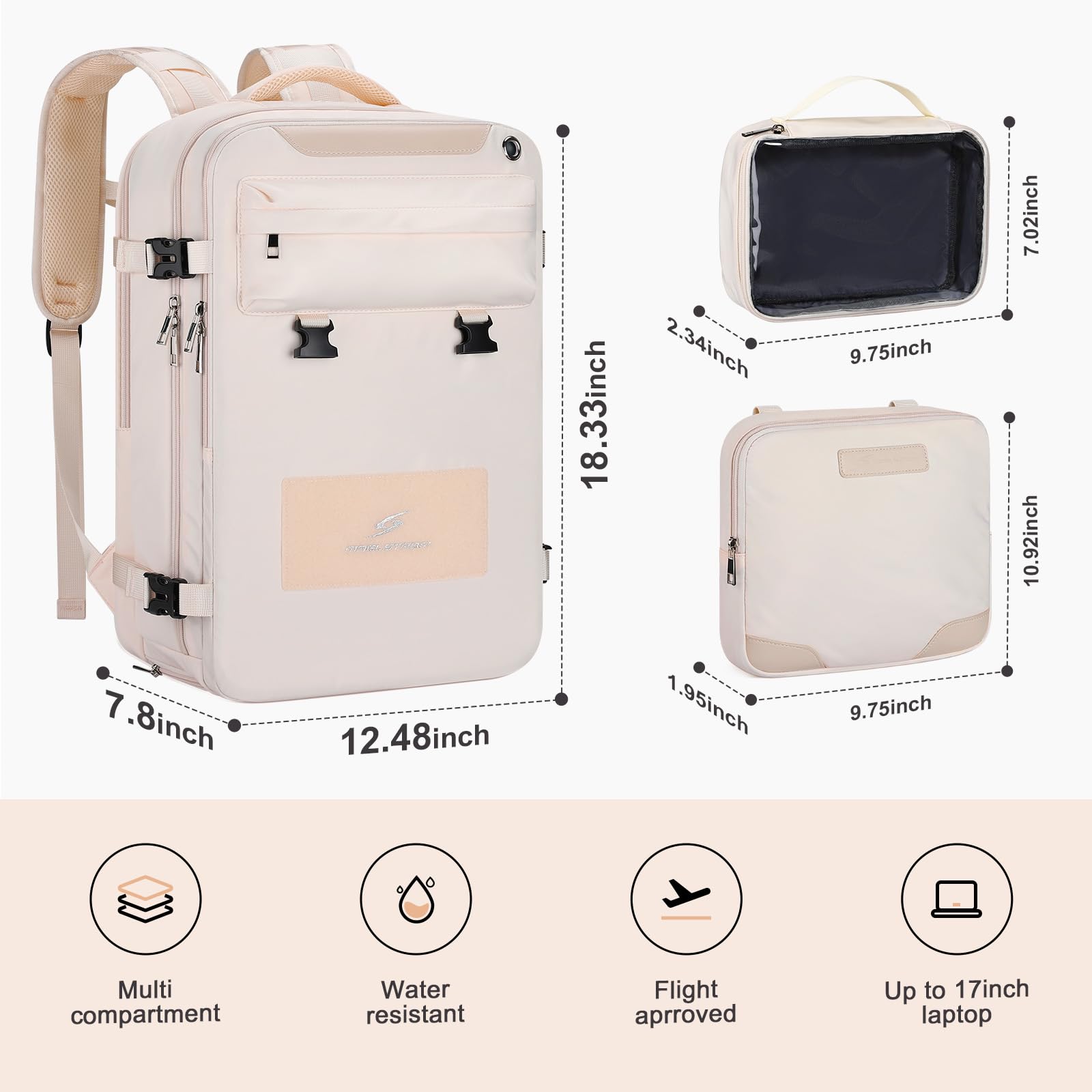35L Maelstrom Travel Backpack for Women & Men - Waterproof Laptop Backpack Fits 17-Inch Computer, Airplane Carry On Backpack with Crossbody Bag, Shoe Compartment & Toiletry Pouch (Beige, Large) - Perfect for Business Trips, College Students & International Travel