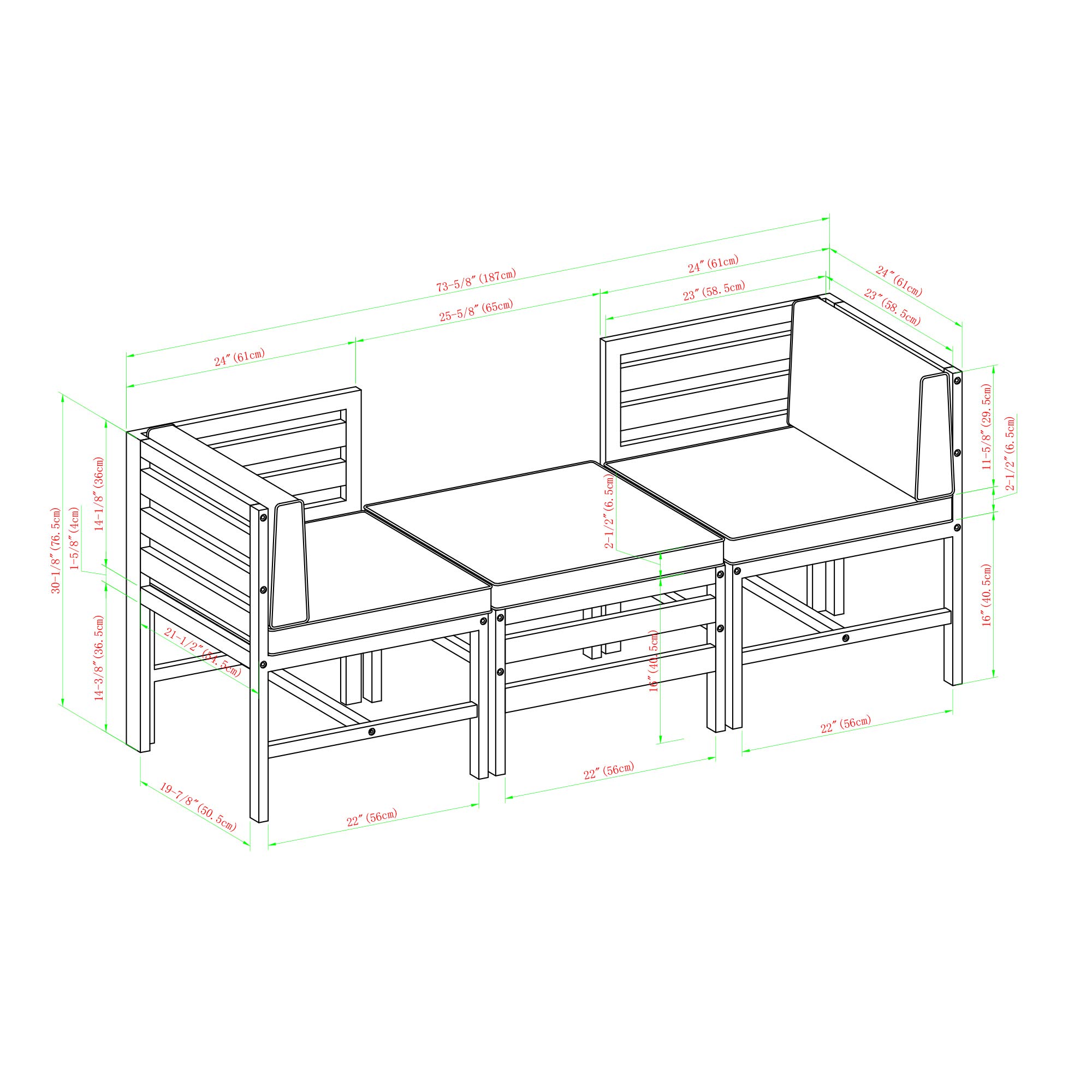 Walker Edison Ravello 3-Piece Acacia Wood Outdoor Modular Chat Set with Cushions - Dark Brown Patio Furniture for Garden, Deck, Poolside & Backyard Relaxation