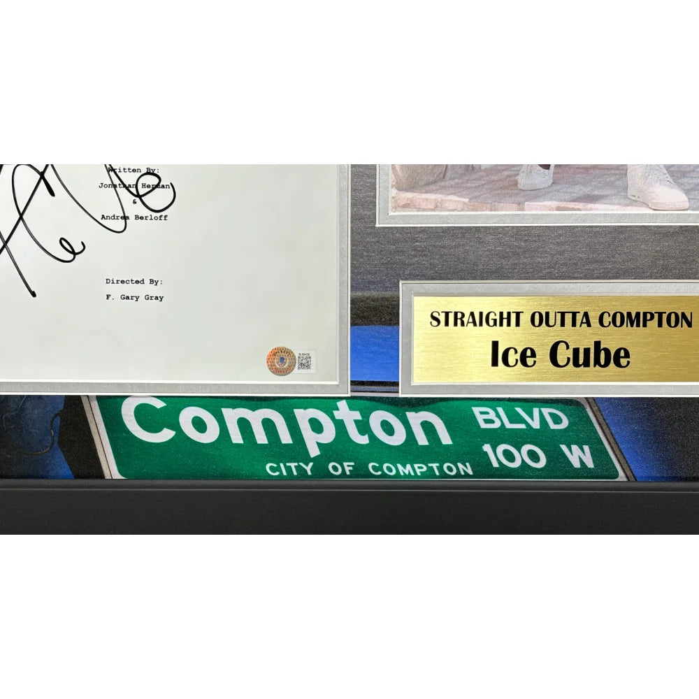 Authentic Ice Cube Autographed 'Straight Outta Compton' Script Framed Collage with BAS COA - Signed Memorabilia for Movie Fans & Hip Hop Collectors - Perfect for Home Theater Decor & Music Room Display