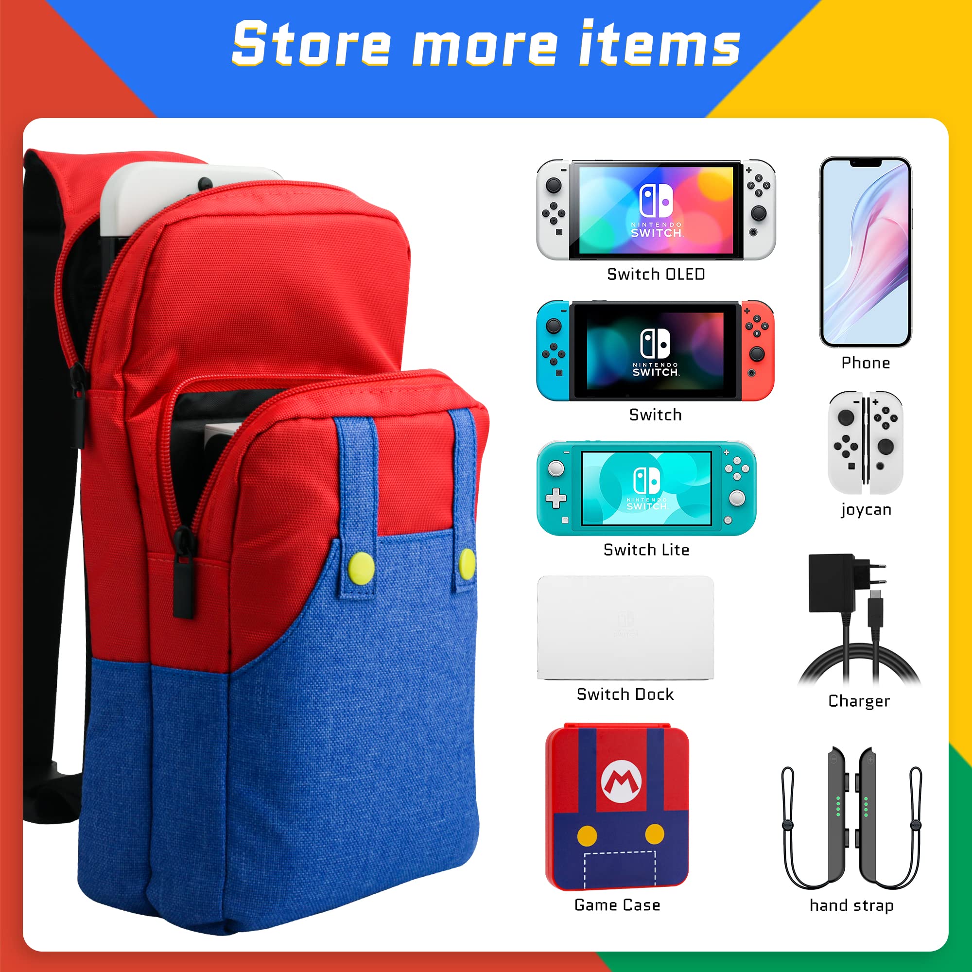 Cute Mario Switch Travel Bag for Nintendo Switch/OLED/Lite - Portable Crossbody Backpack with Game Case Holder & Thumb Caps - Perfect for Gaming On-The-Go