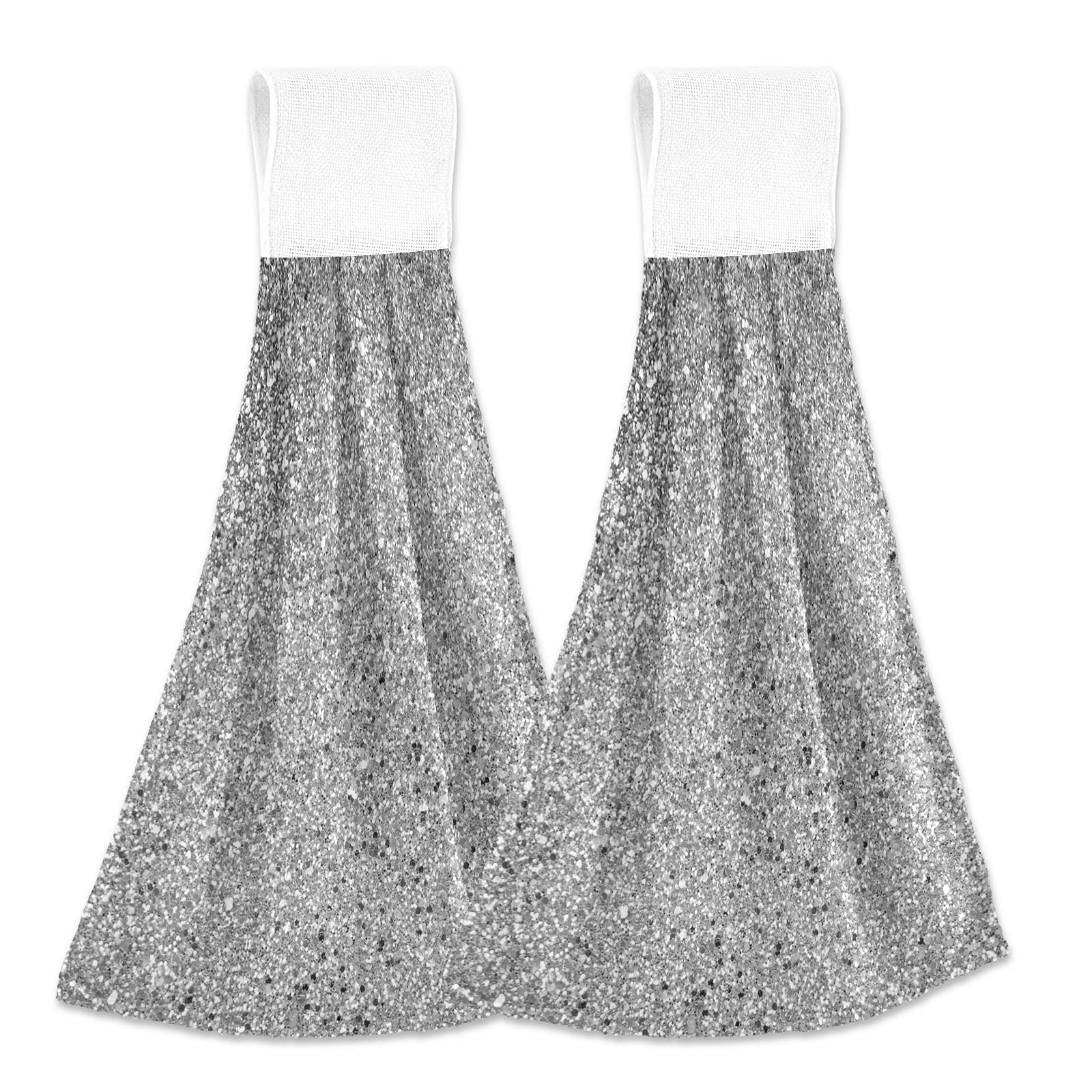 Poeticcity Glitter Silver Grey Hanging Kitchen Hand Towels - 2 Pack with Hook & Loop Dishcloths Set | Absorbent Tea Towel & Decorative Bar Towel for Kitchen, Bathroom, Dining Room
