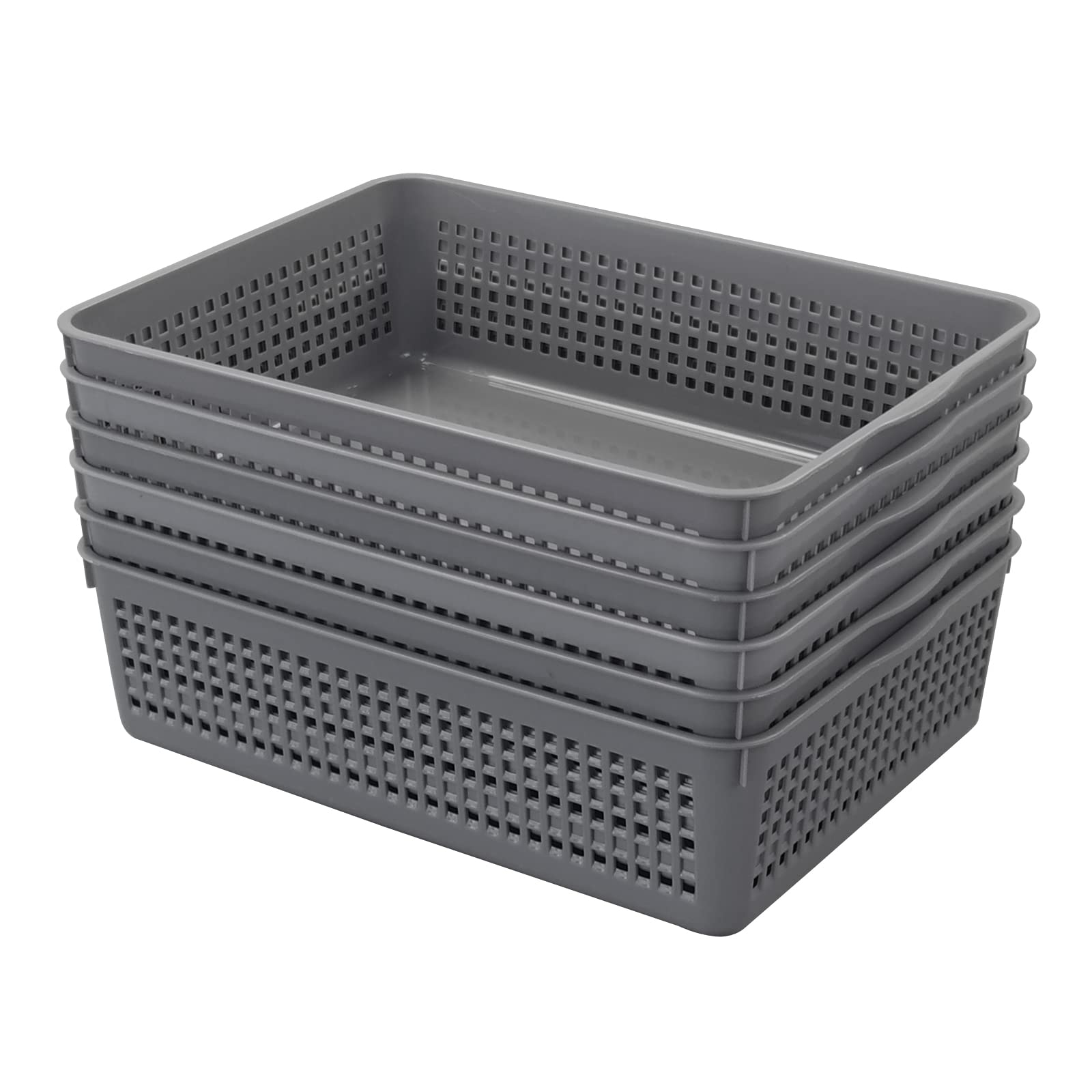 6-Pack Plastic Shallow Baskets for Office Paper Storage & Organization
