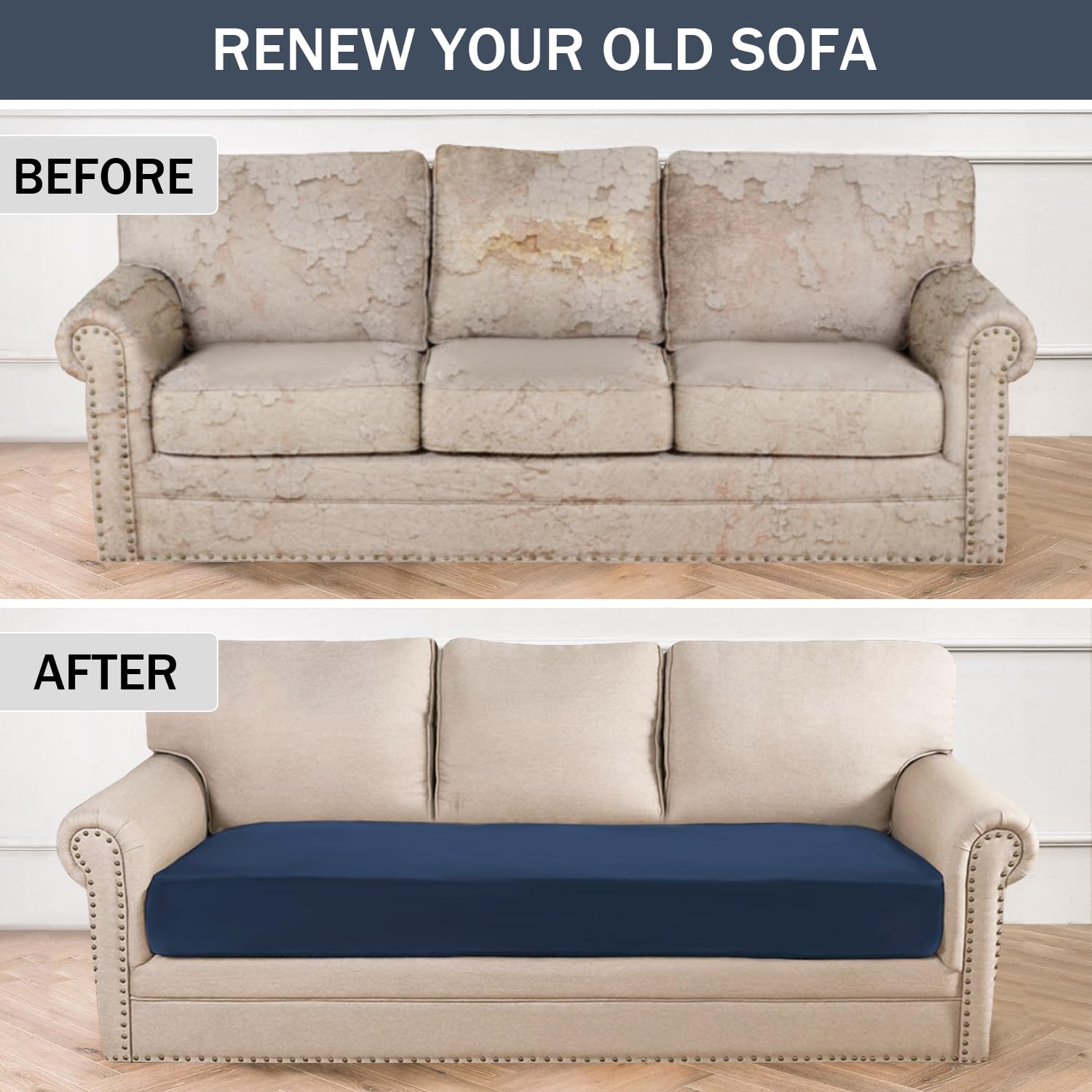 Soft Velvet Plush Stretch Cushion Cover - Elastic Bottom Sofa Slipcover for Loveseat & Couch (Medium, Navy) | Furniture Protector for Living Room, Bedroom & Office Decor