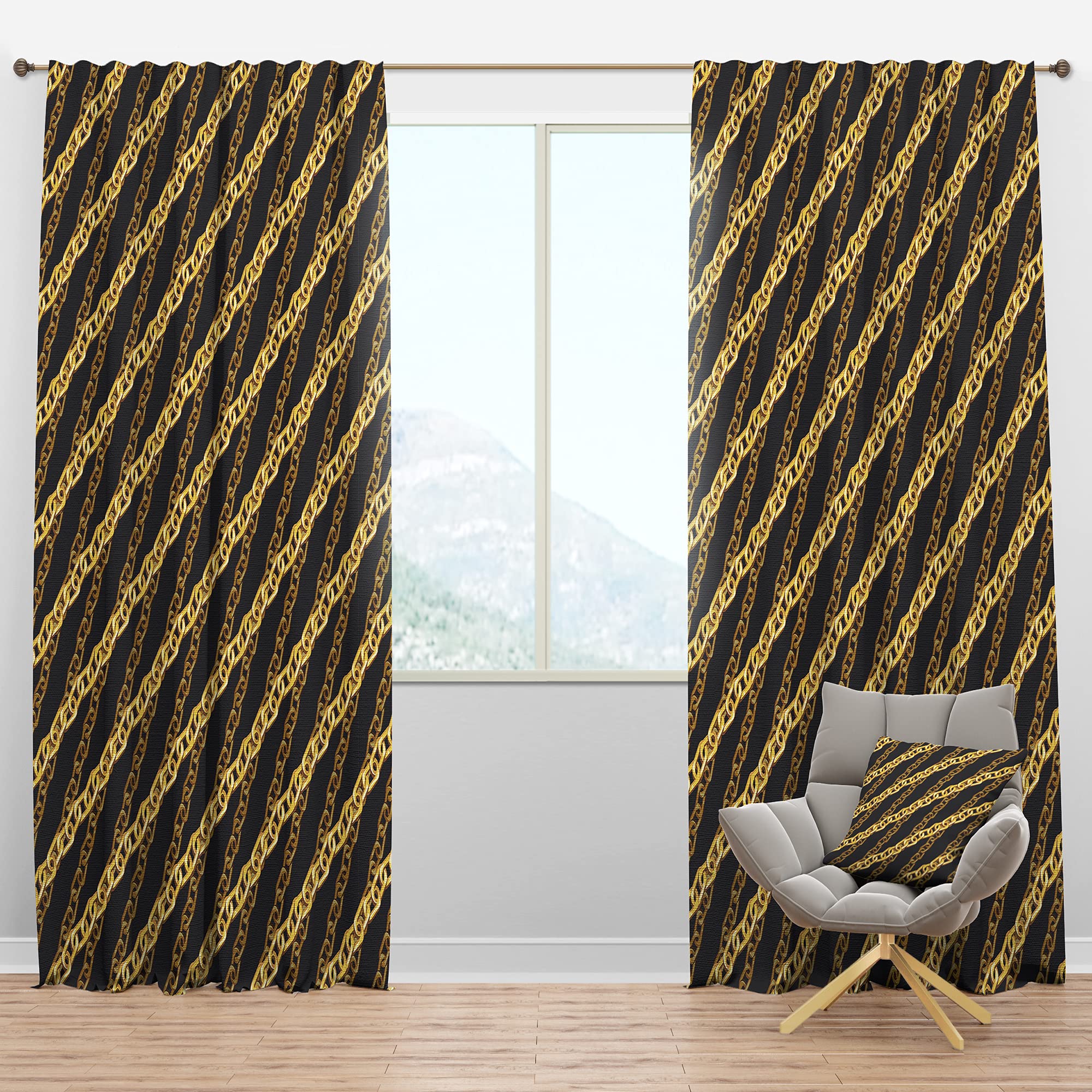 DesignQ Blackout Curtains 'Golden Zigzag Chain' - Thermal Insulated Single Panel (52x90 inches) for Bedroom & Living Room - Noise Reducing & Energy Saving Window Drapes for Better Sleep & Home Decor