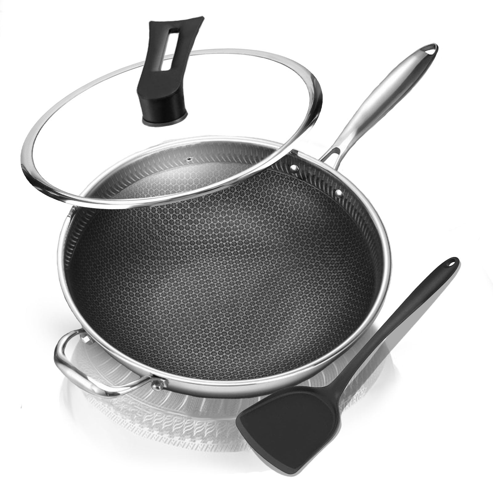 32cm Non-Stick Wok Pan with Lid - Stainless Steel Induction Cookware, Ceramic Coating, Cool-Touch Handle & Spatula - Perfect for Stir-Frying, Sautéing & Deep Frying on Electric, Gas & Induction Stovetops