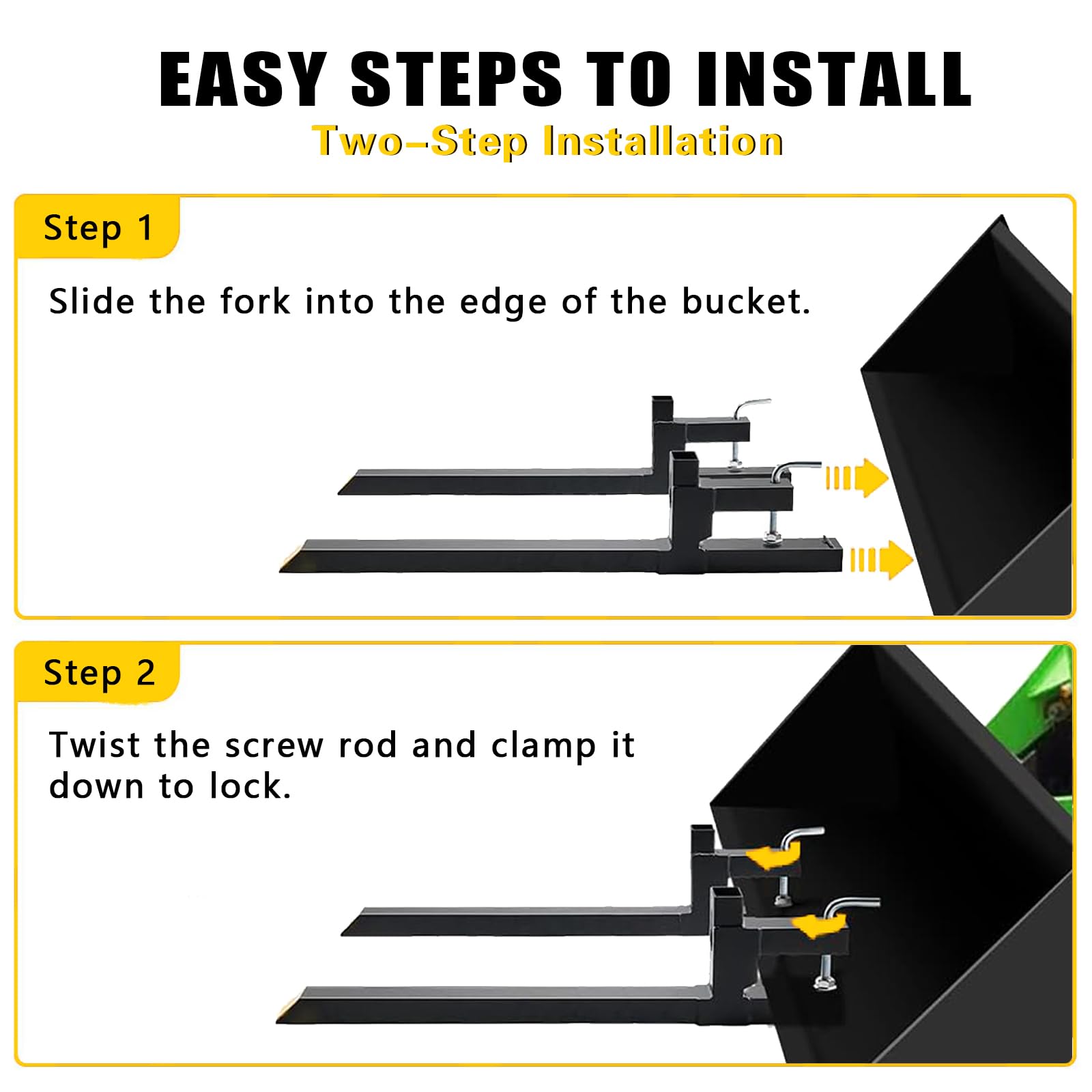 Heavy Duty Clamp On Pallet Forks with Adjustable Stabilizer Bar - 60 Inch, 4000 lbs Capacity - Tractor Bucket Attachment for Lifting & Moving Pallets - Ideal for Farming, Construction & Warehouse Use