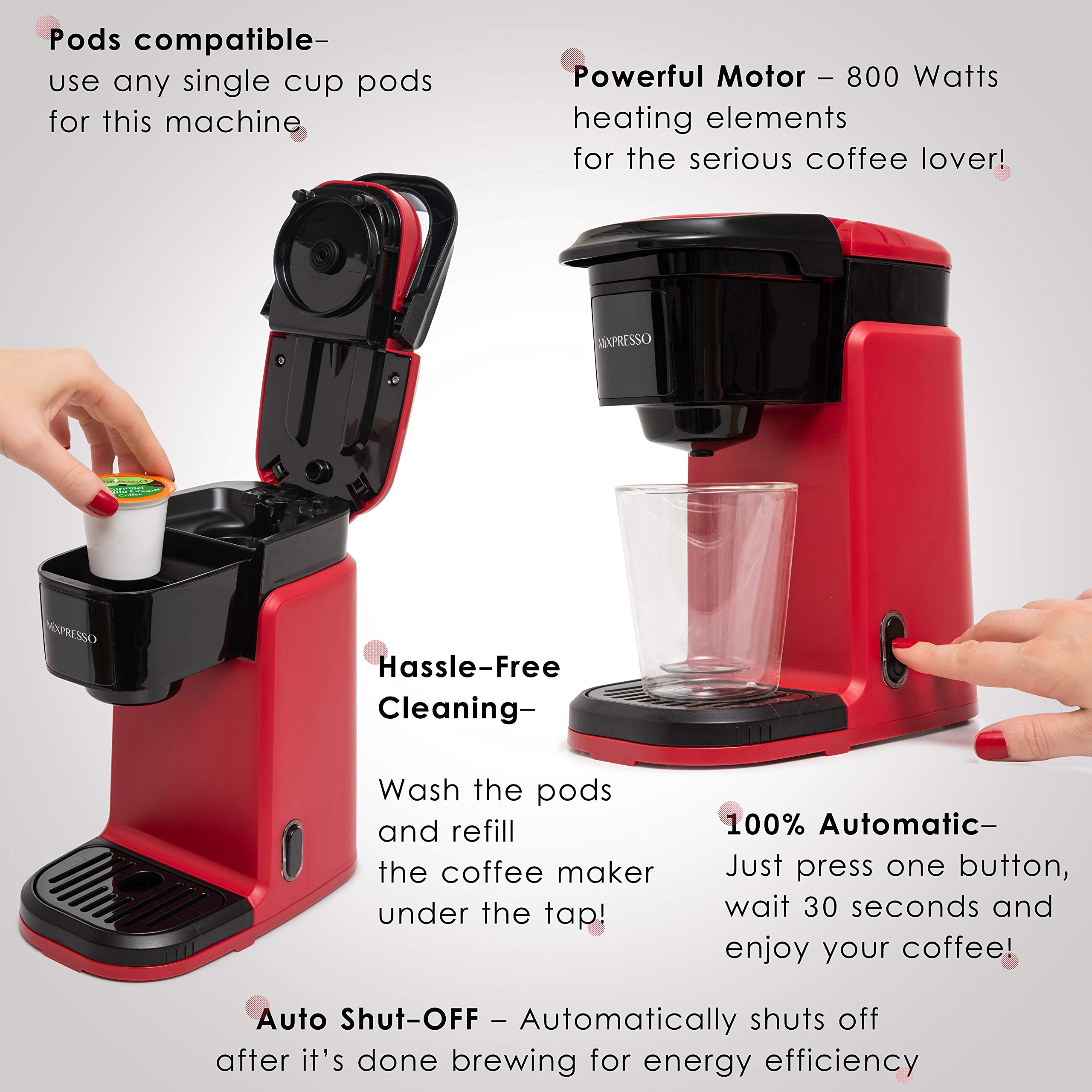 Mixpresso Single Serve Coffee Maker - 12oz Personal Coffee Brewer with Quick Brew Technology & One-Touch Function, Compatible with Single-Cup Pods - Perfect for Home, Office, or Travel Use
