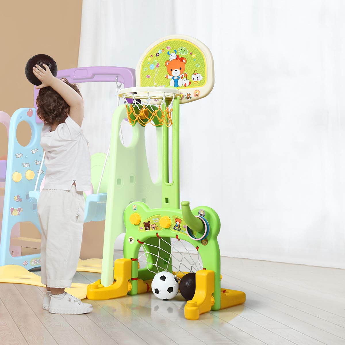 HONEY JOY 4-in-1 Toddler Swing and Slide Playset with Basketball Hoop - Extra Long Slide with Safety Buffer - Easy Assembly Indoor/Outdoor Climber for Kids Ages 2-5 - Perfect for Backyard, Playroom & Preschool Playground Activities