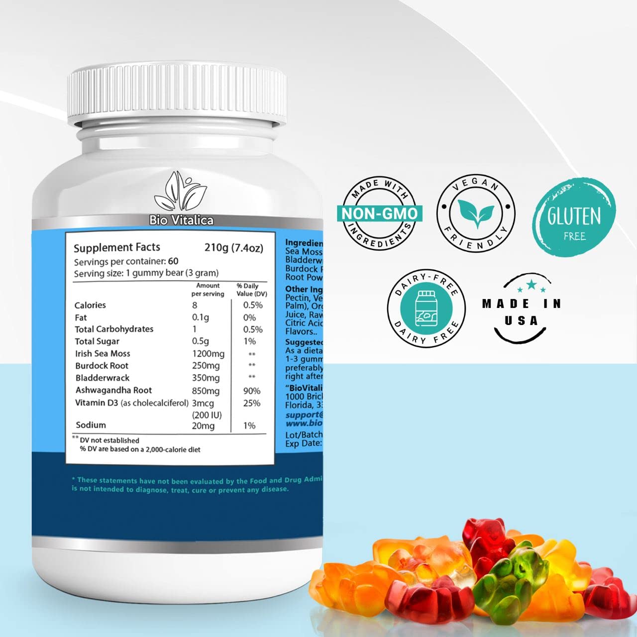 Organic BIO VITALICA Sea Moss Ashwagandha Gummies - Irish Seamoss & Ashwagandha Root Powder Supplement for Energy Boost & Immune Support - Vegan, Non-GMO, Gluten-Free for Men & Women - Perfect for Daily Wellness & Active Lifestyle