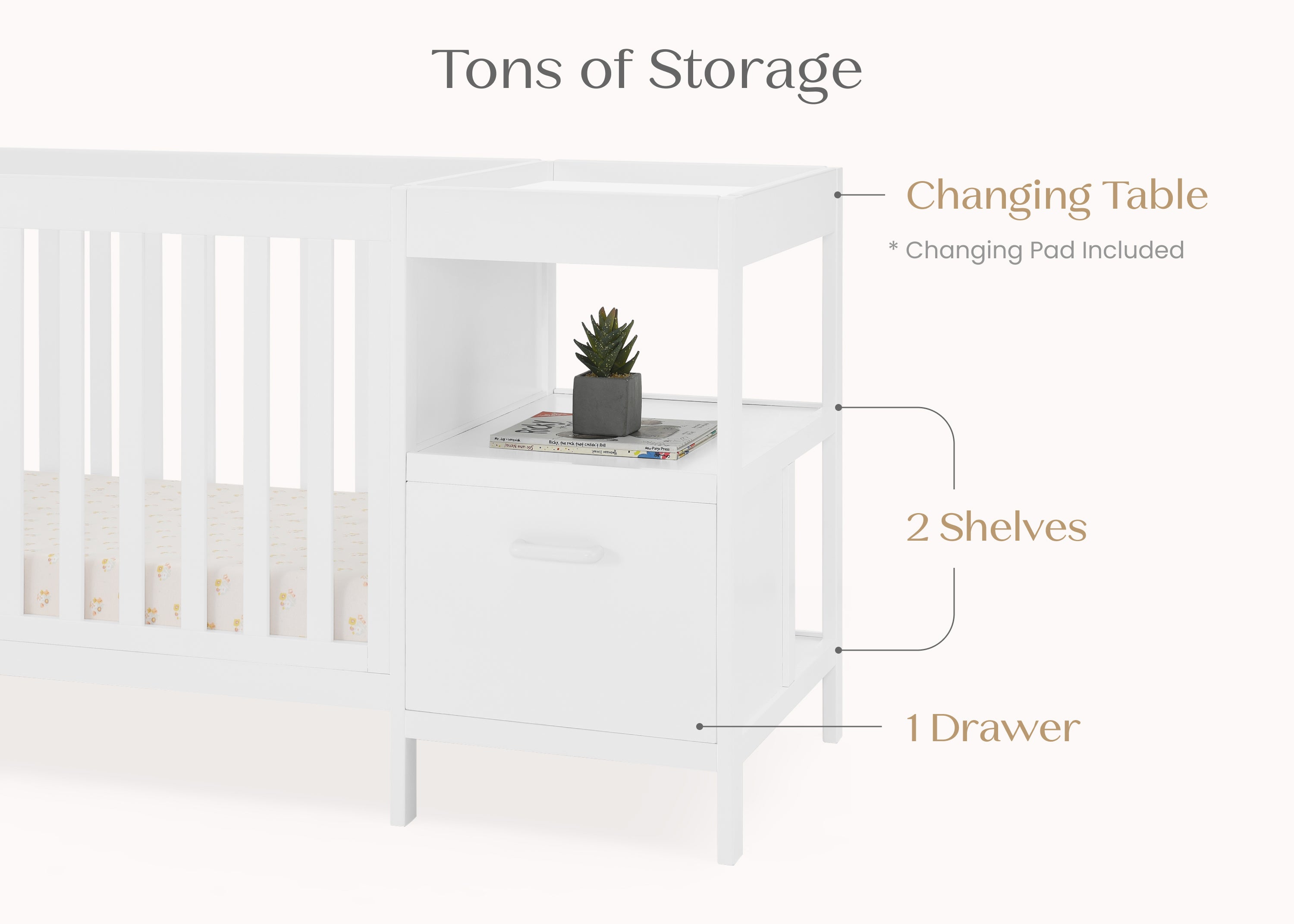 Alice 5-in-1 Convertible Baby Crib with Changing Table - Nursery Furniture for Newborn to Toddler - Perfect for Small Spaces & Modern Nurseries