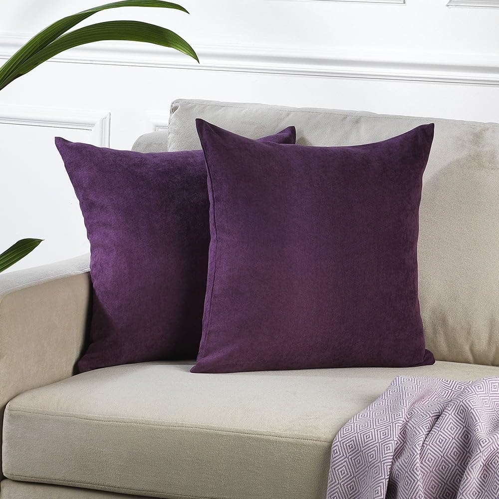 Velvet Look Solid Color Cushion Cover Set of 2 - 16x16 Inch Purple Throw Pillow Cases with Hidden Zipper for Sofa, Chair, Bed & Living Room Decor | Soft Home Accent Pillows for Cozy Comfort & Stylish Interior Design