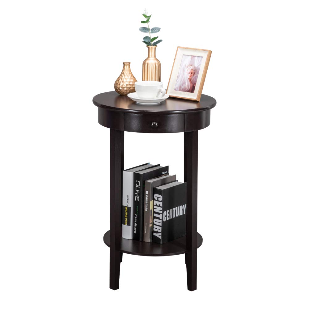 Round Coffee Table with Drawer - Simple Brown End Table for Living Room, Bedroom & Office - Compact Side Table with Storage Space