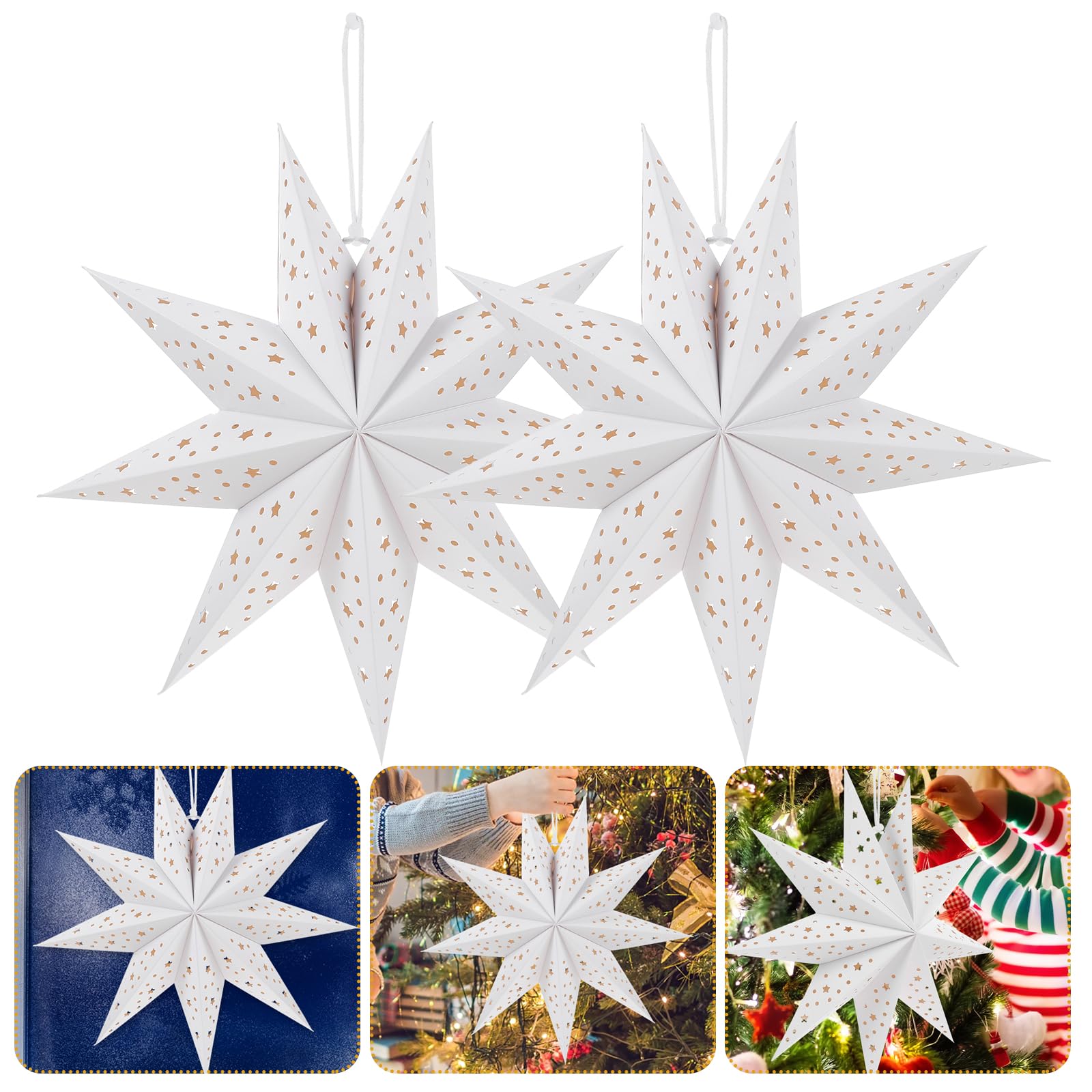 3-Pack Decorative Paper Star Lanterns - Nine-Pointed Hanging Pendant Lamp Shades for Bedroom, Party & Wedding Decor - DIY Home Lighting Accessories